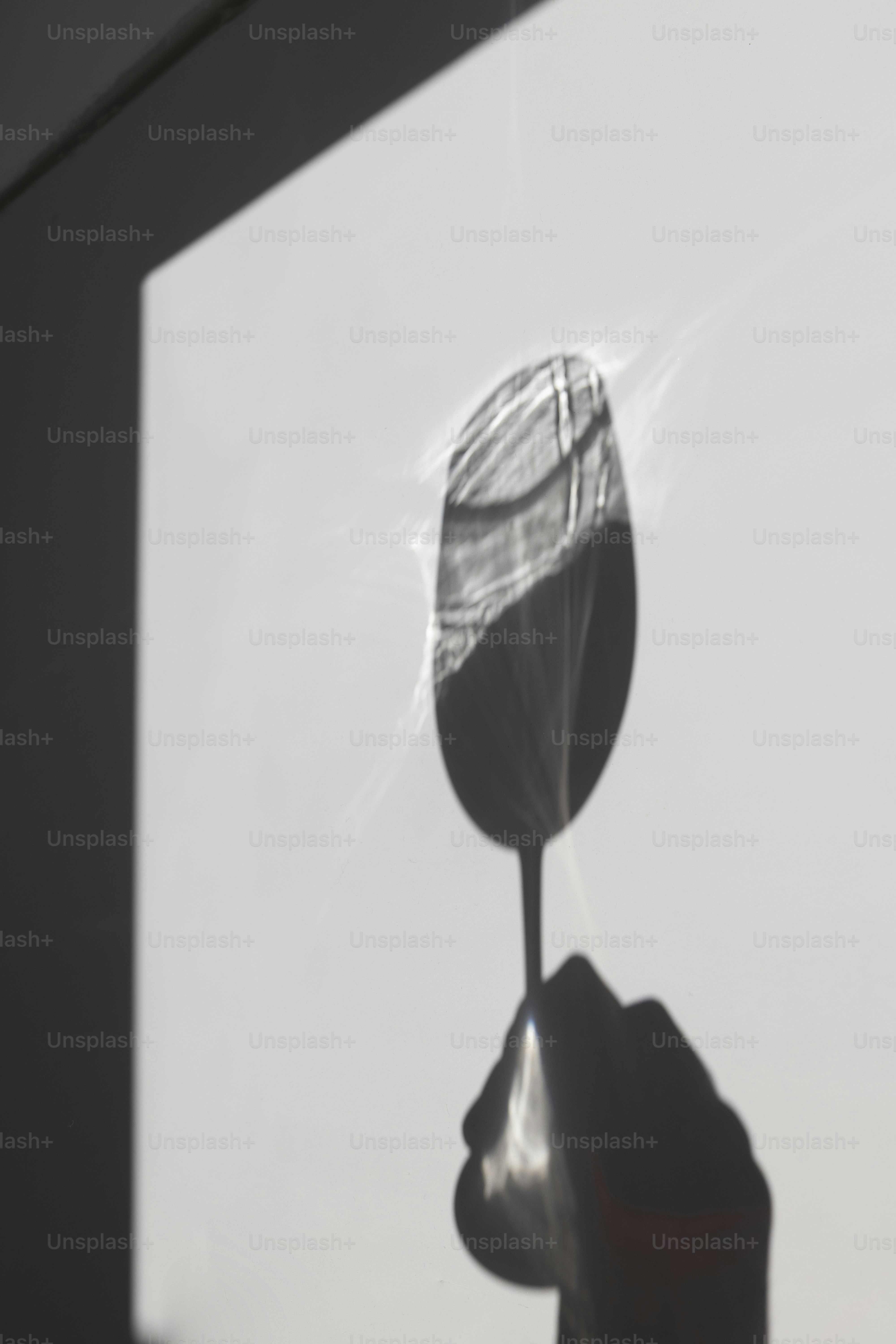 A wine glass shadow refracts light on a surface.