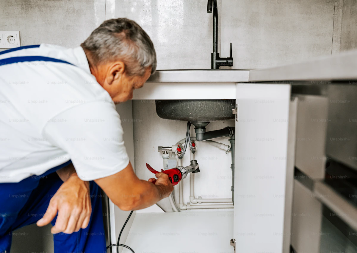 Plombier travaillant sous un évier — détection fuite cachée