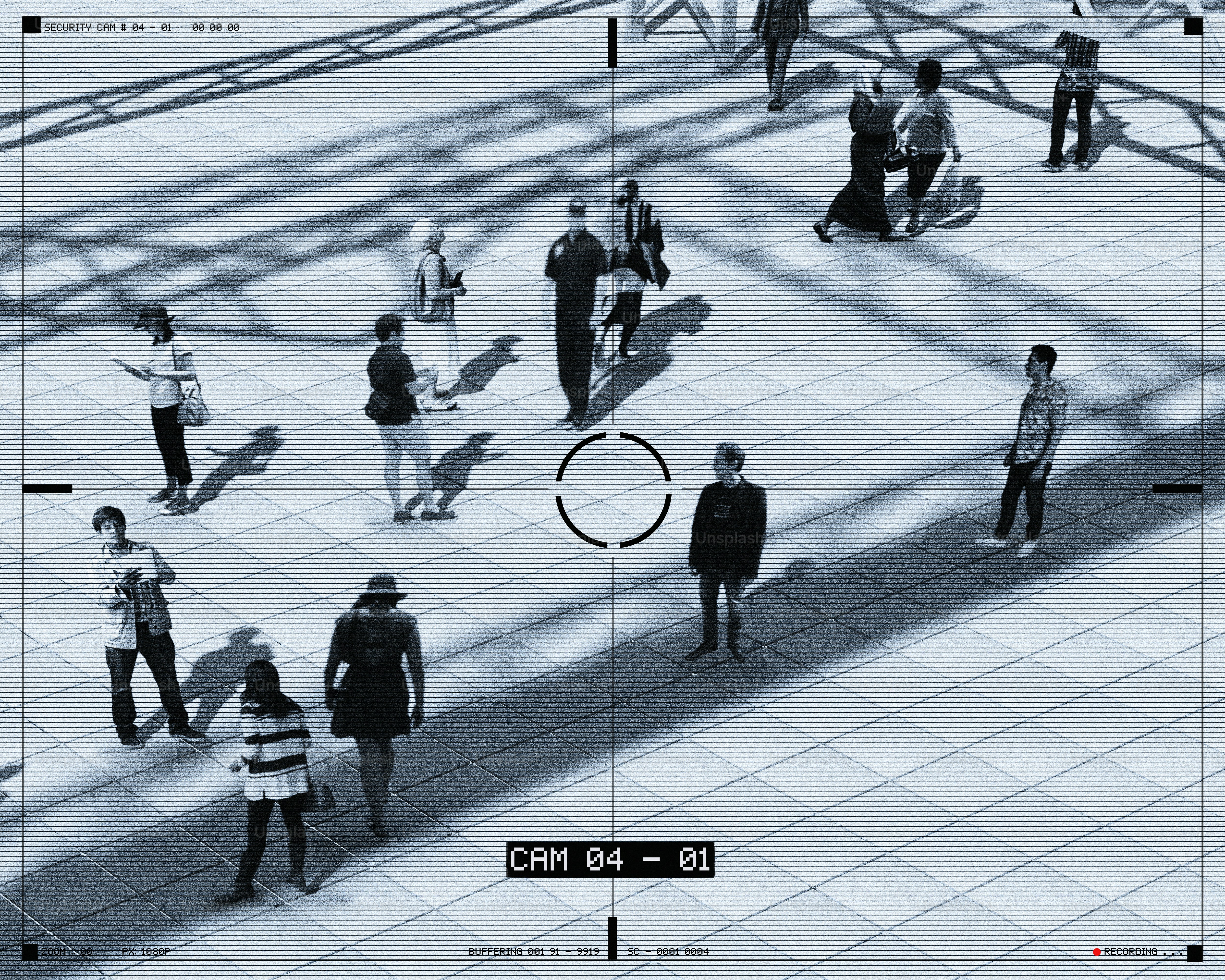 People are viewed through a security camera lens.