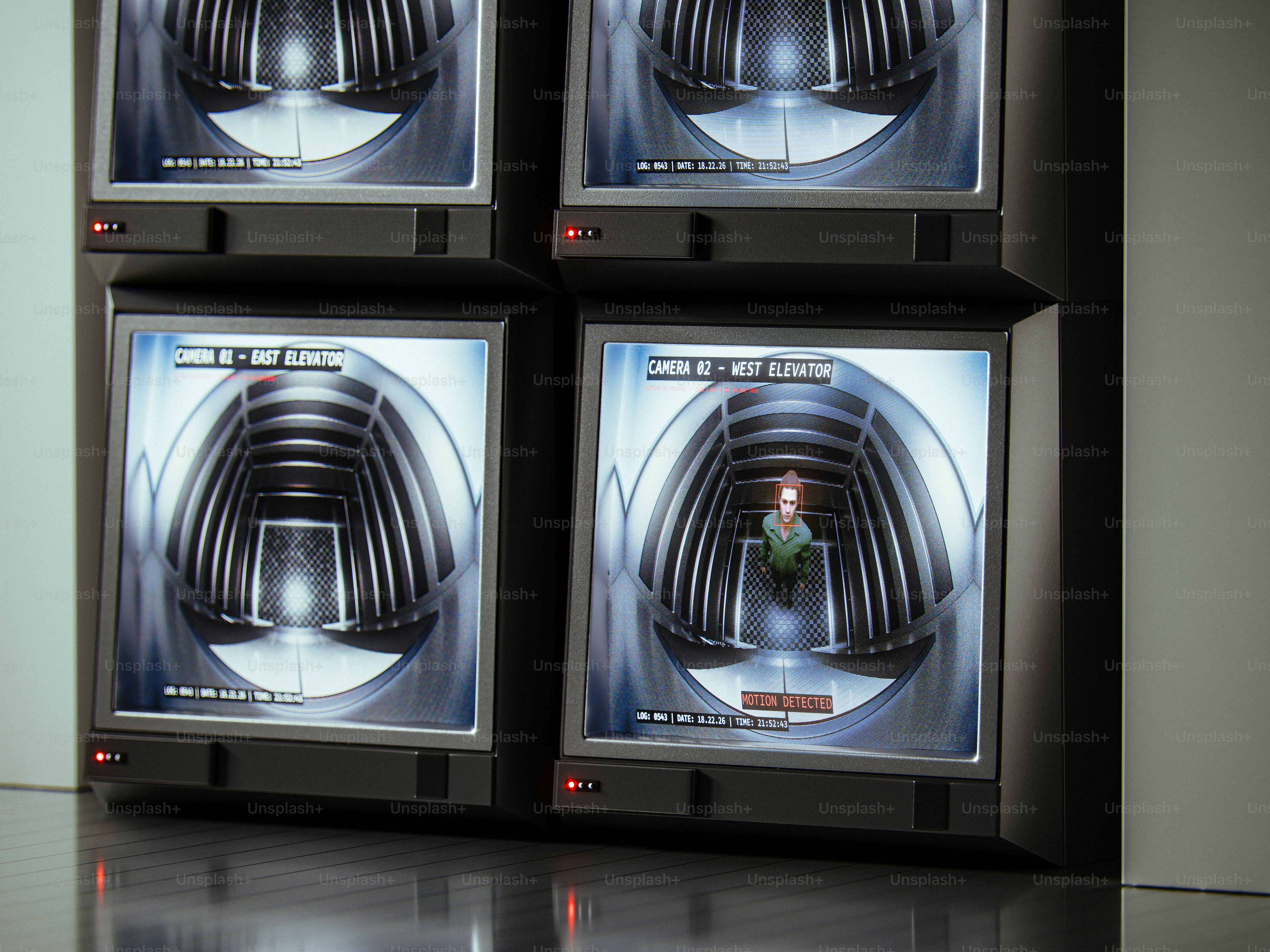 Monitors show a futuristic corridor and person