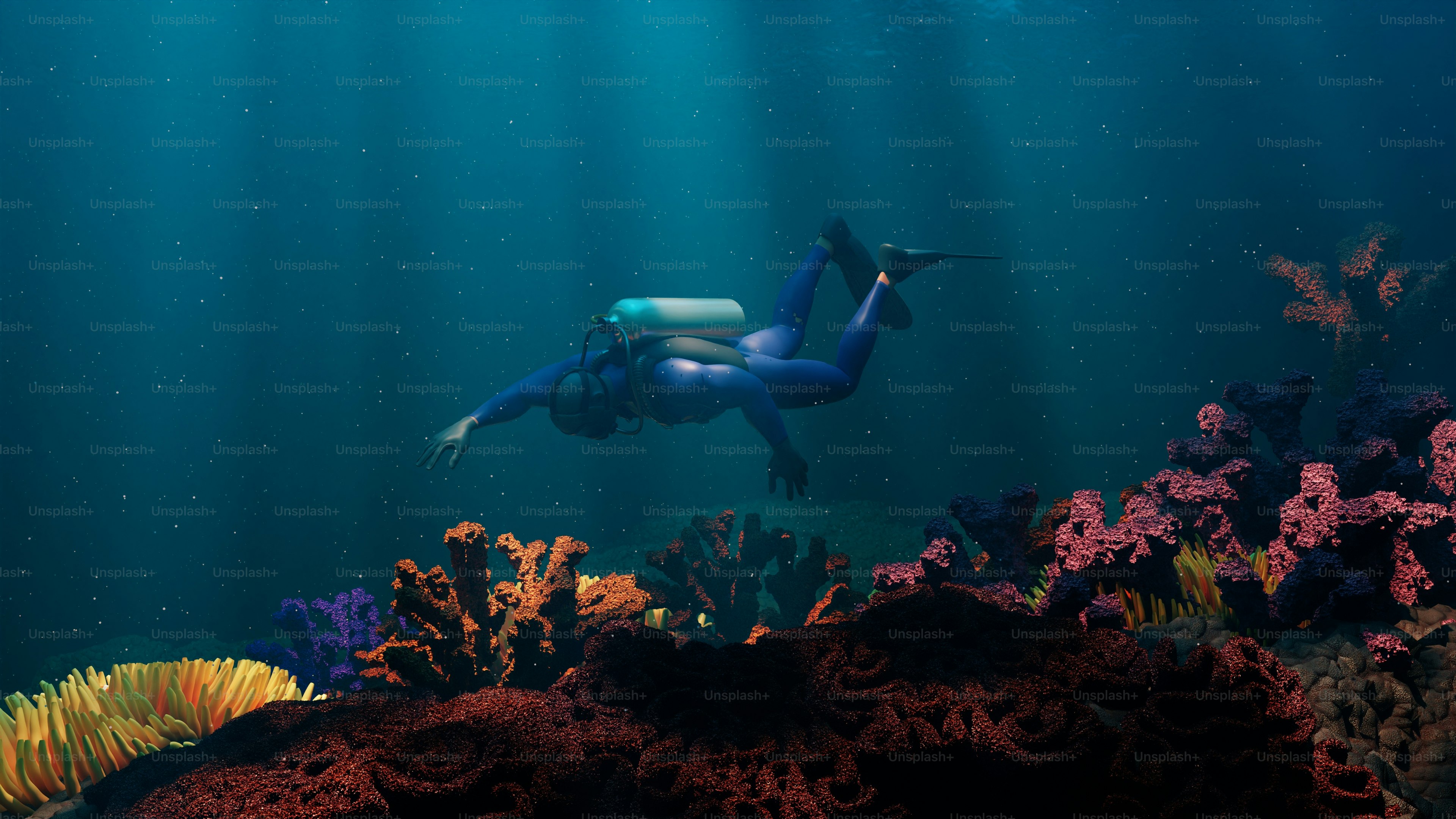 plongeur explorant un récif corallien riche en couleurs.