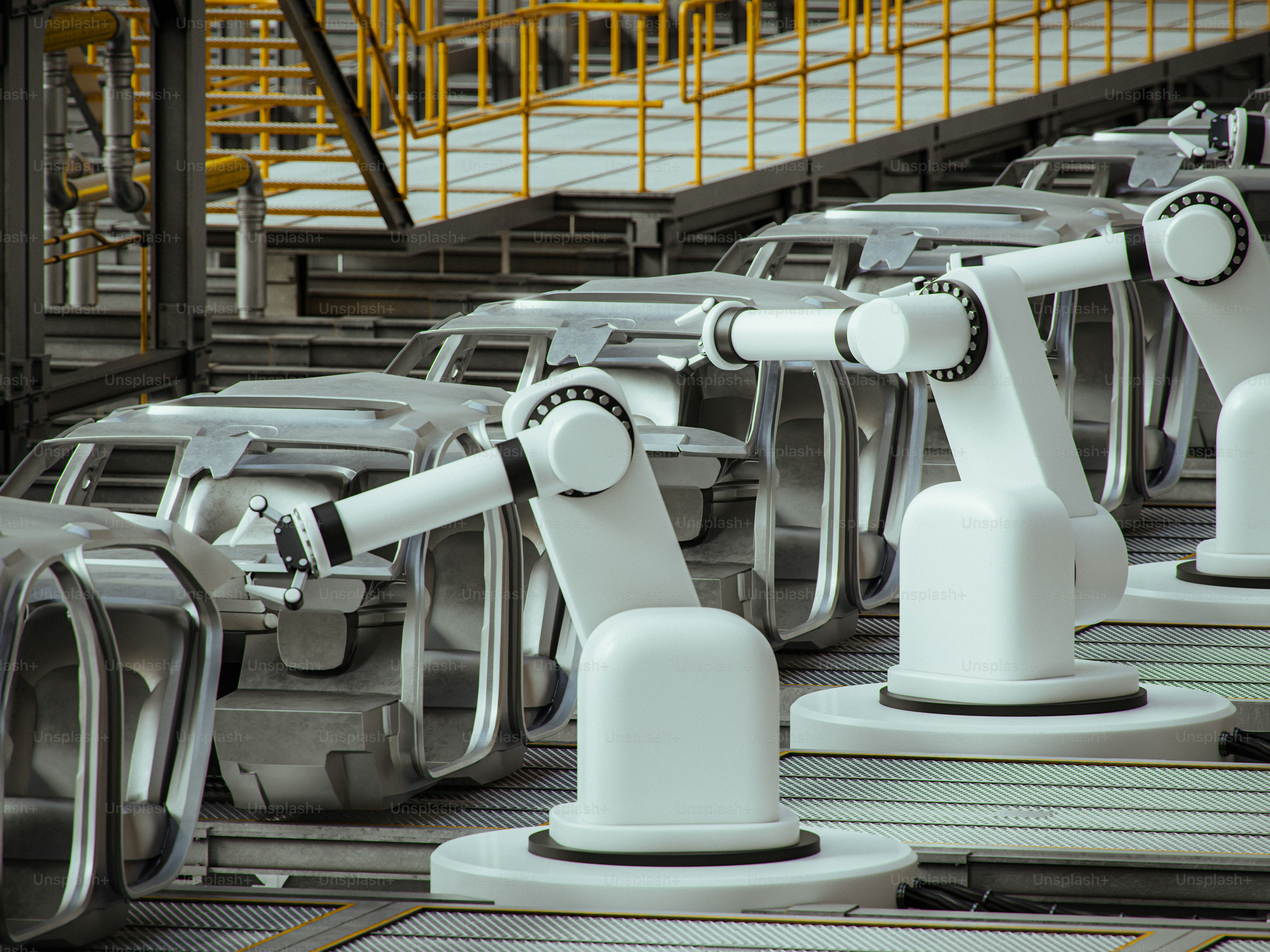 Robots assemble car frames on an automated assembly line. photo ...