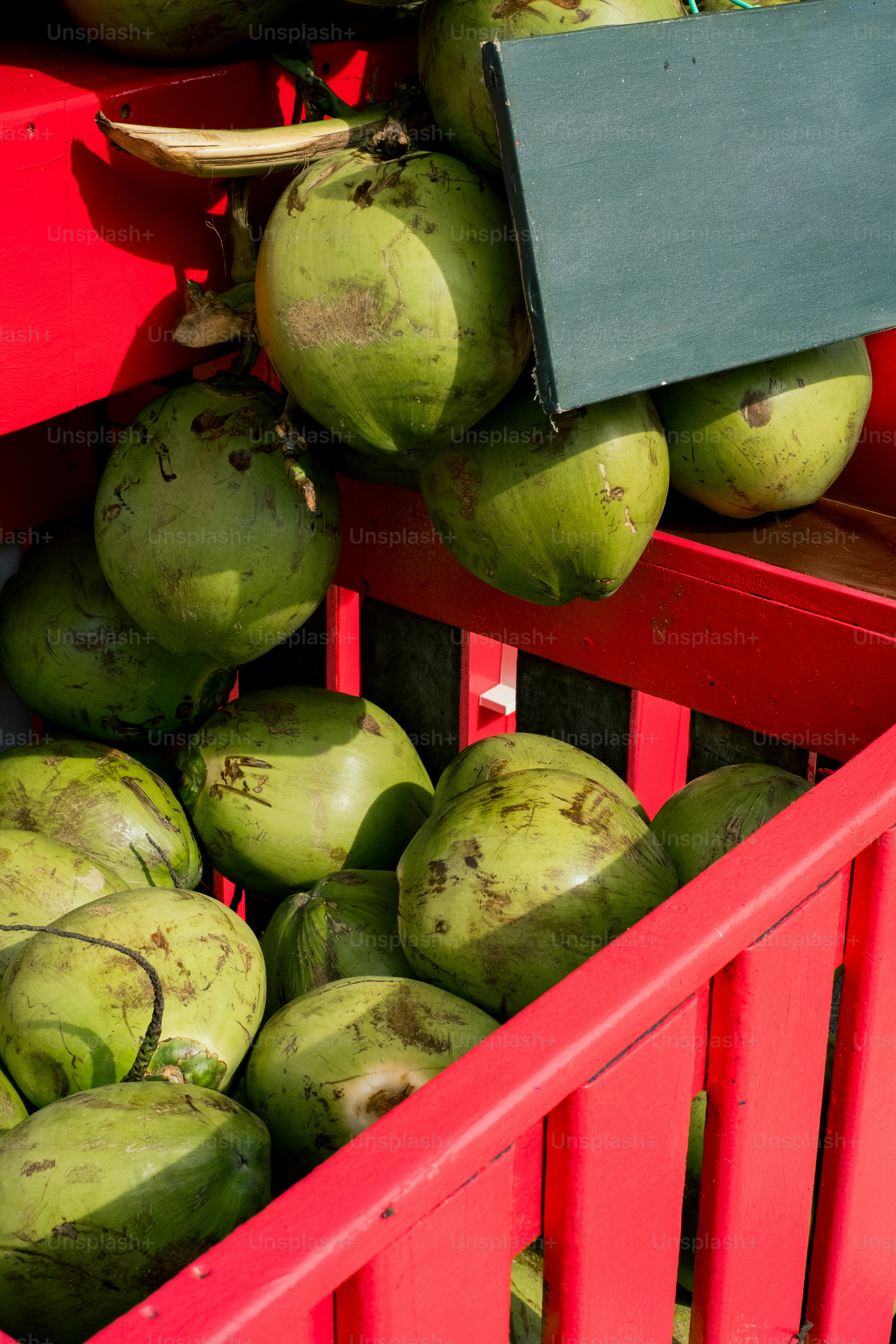Coconuts are displayed inside a bright red cart. photo – Summer Image ...