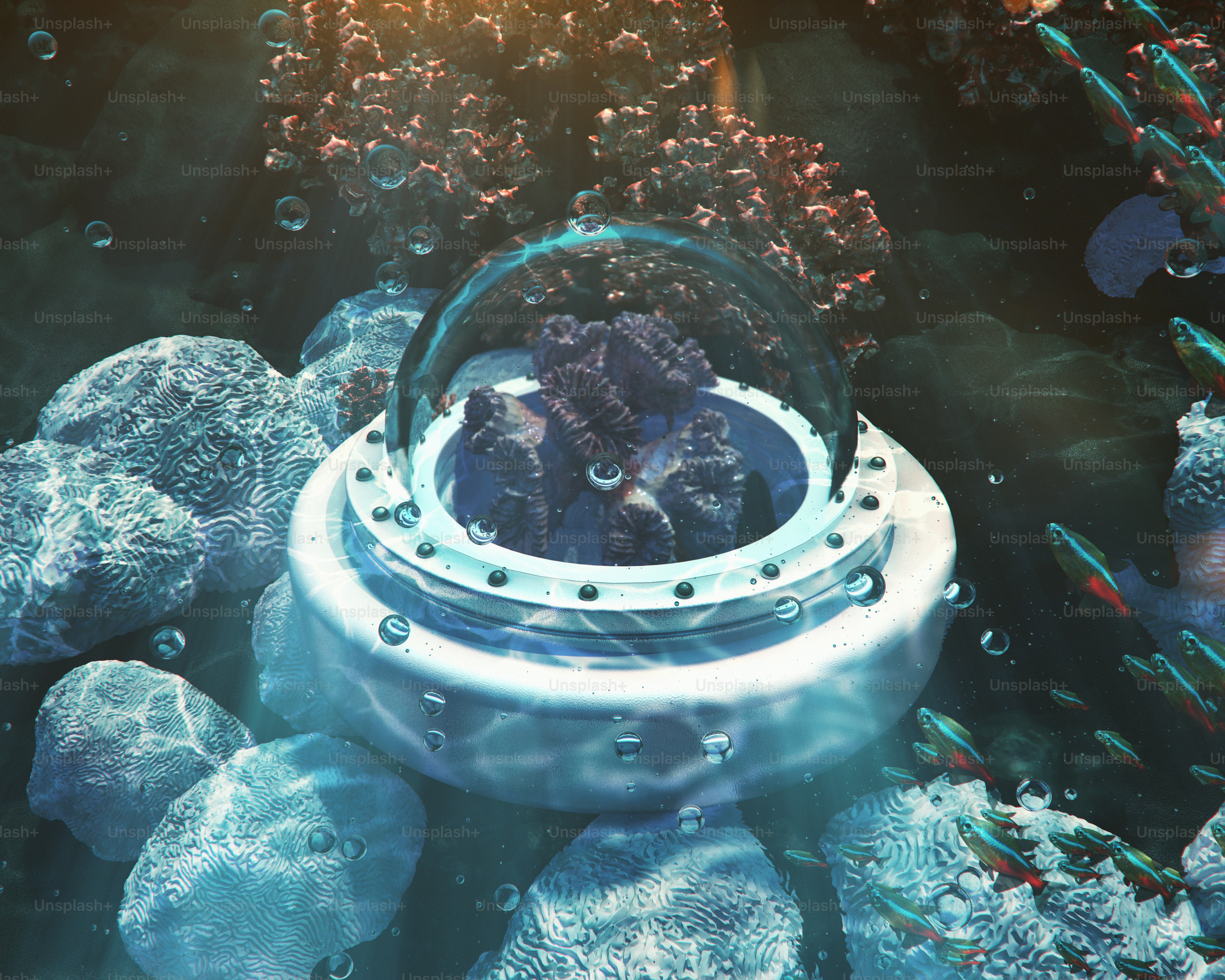 A futuristic device resides underwater with rocks.