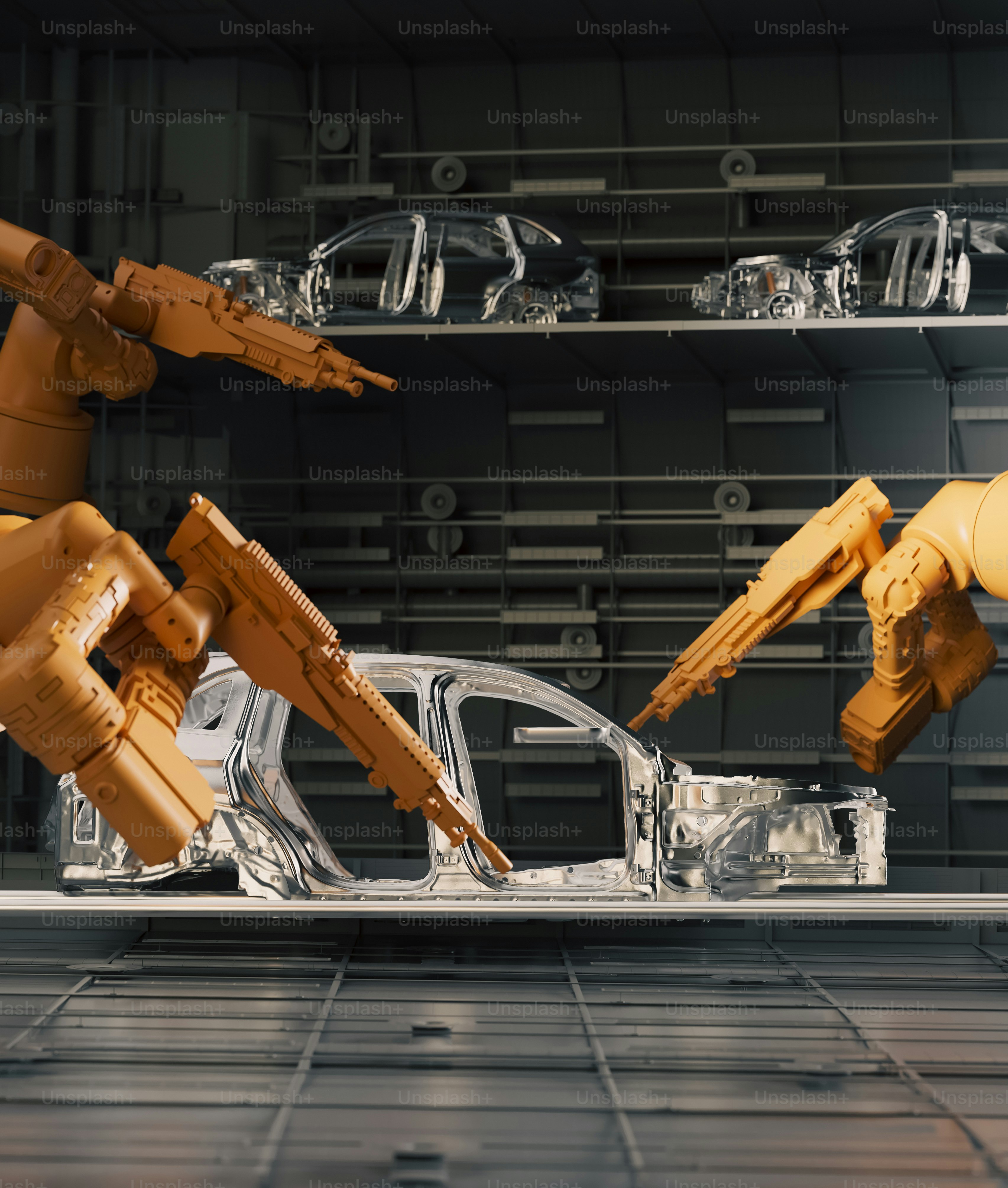 Robotic arms on an automated factory production line