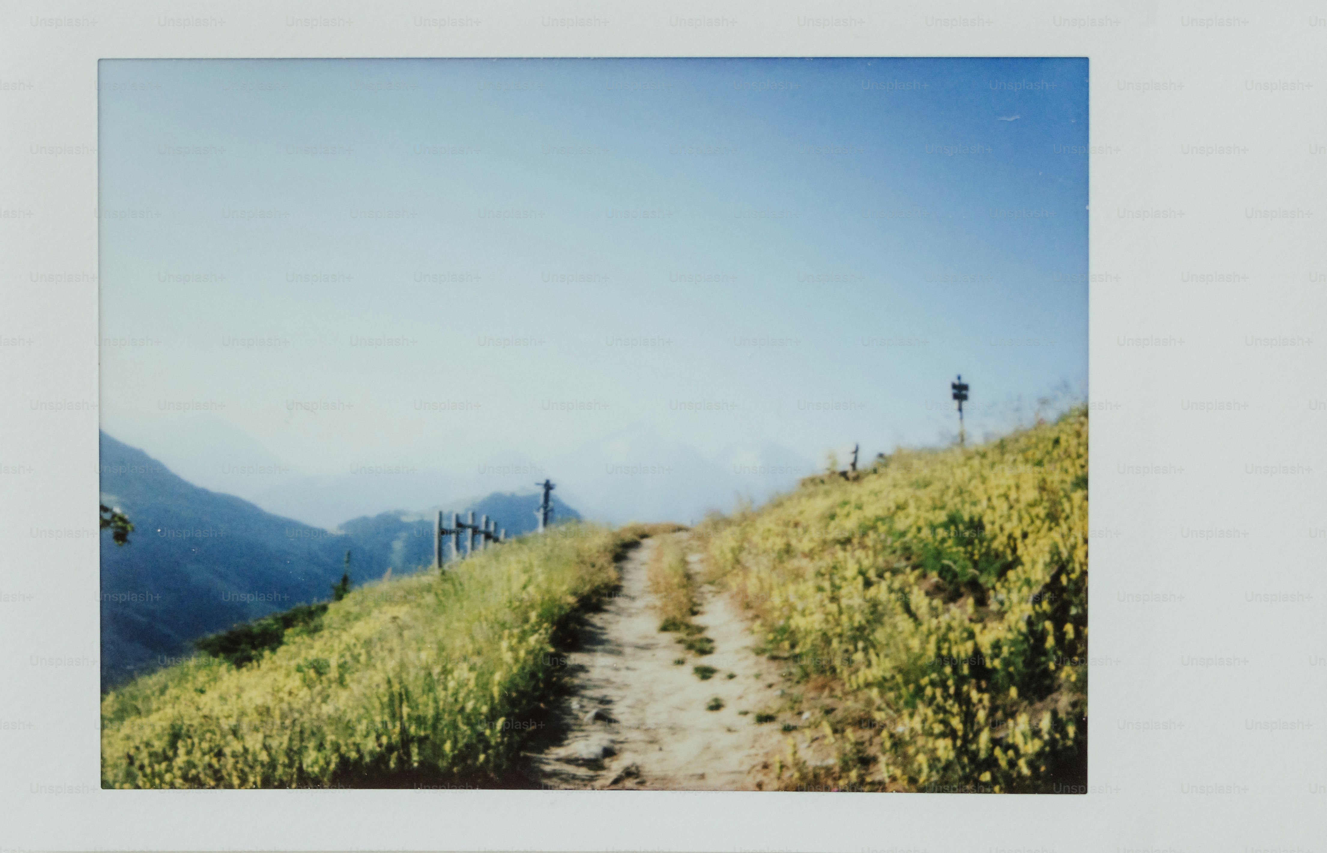 A dirt road leads up a hill towards mountains.