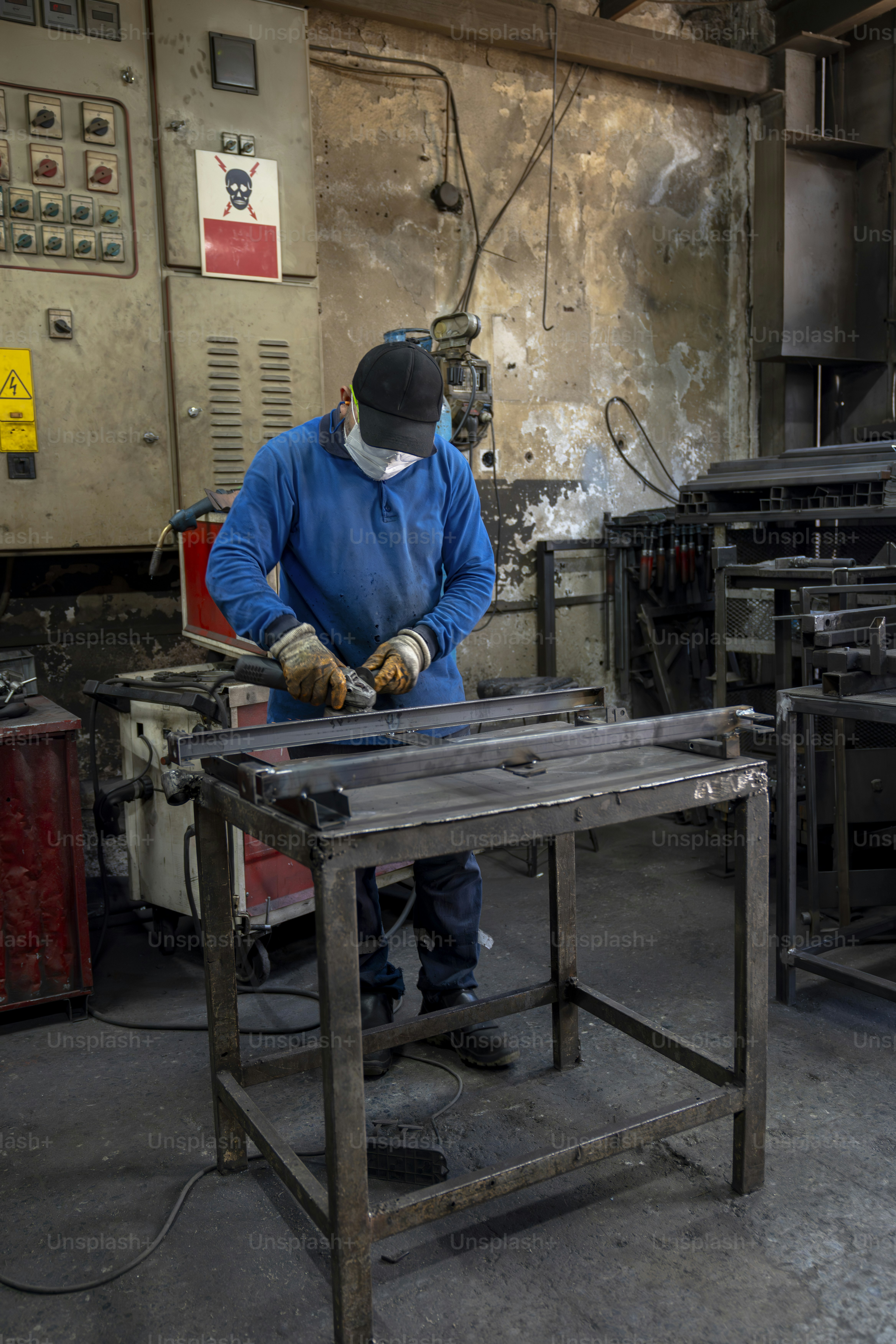 Um trabalhador mói metal em uma oficina.