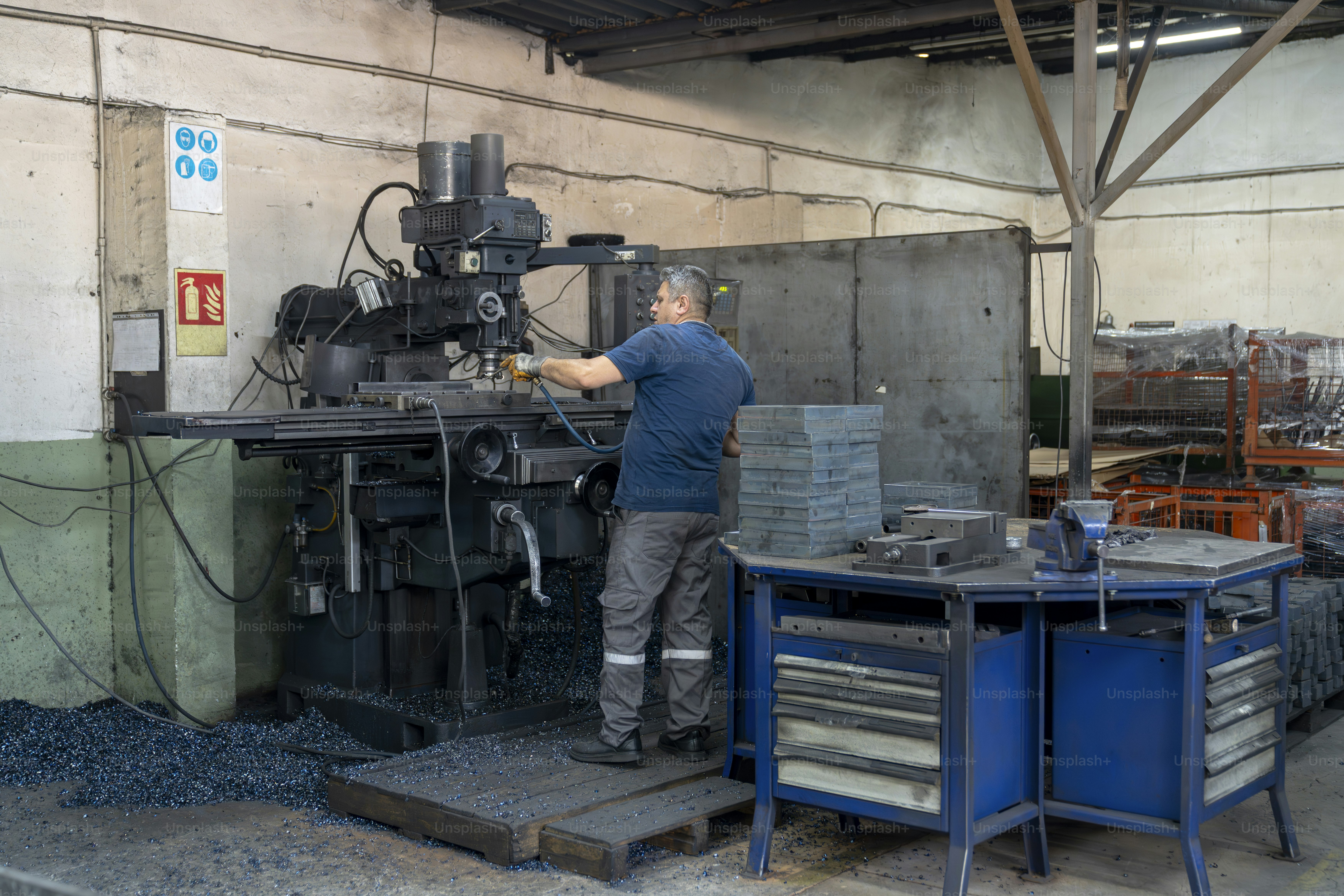 Um trabalhador opera máquinas em uma oficina.