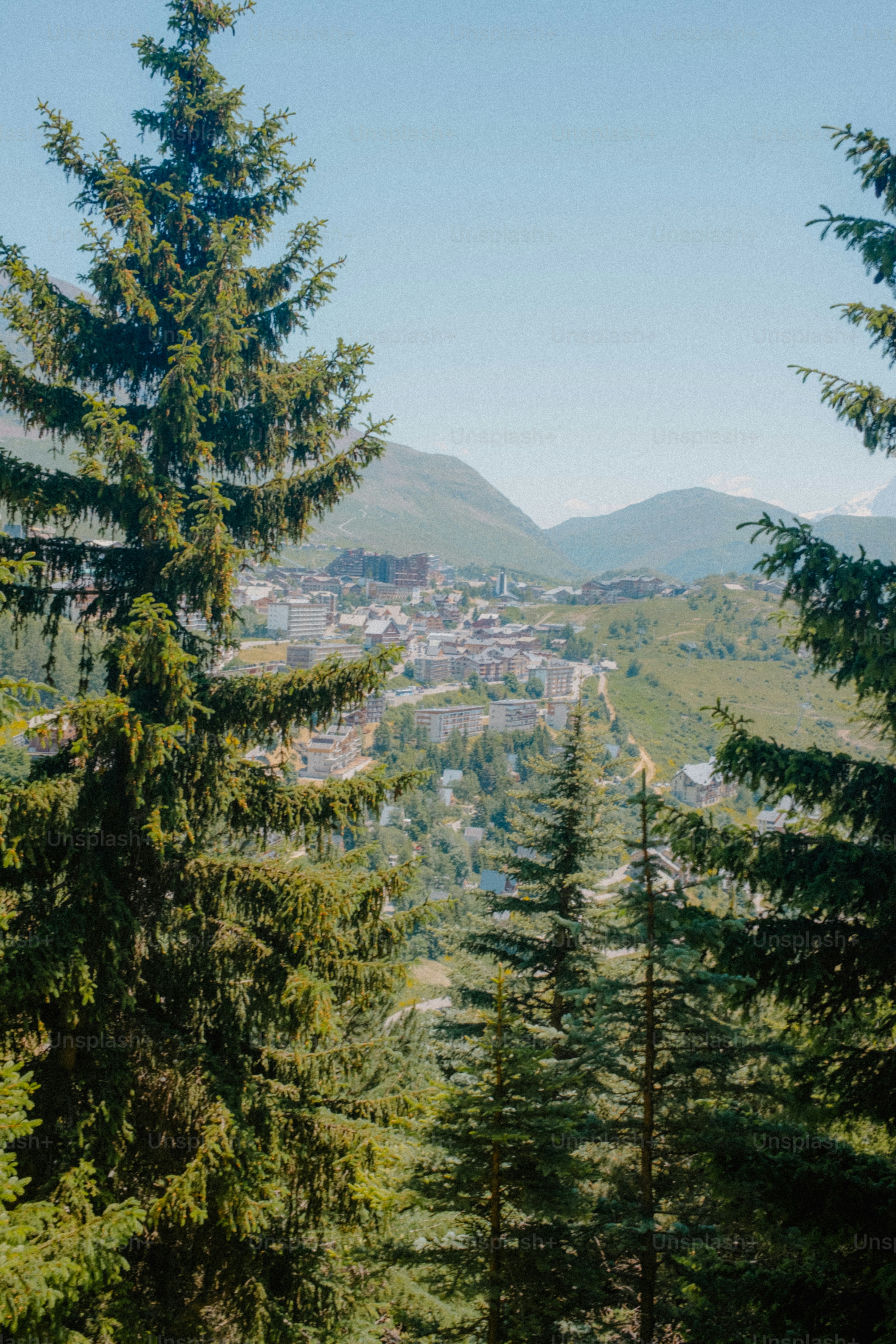 City nestled in a mountain valley, framed by trees.