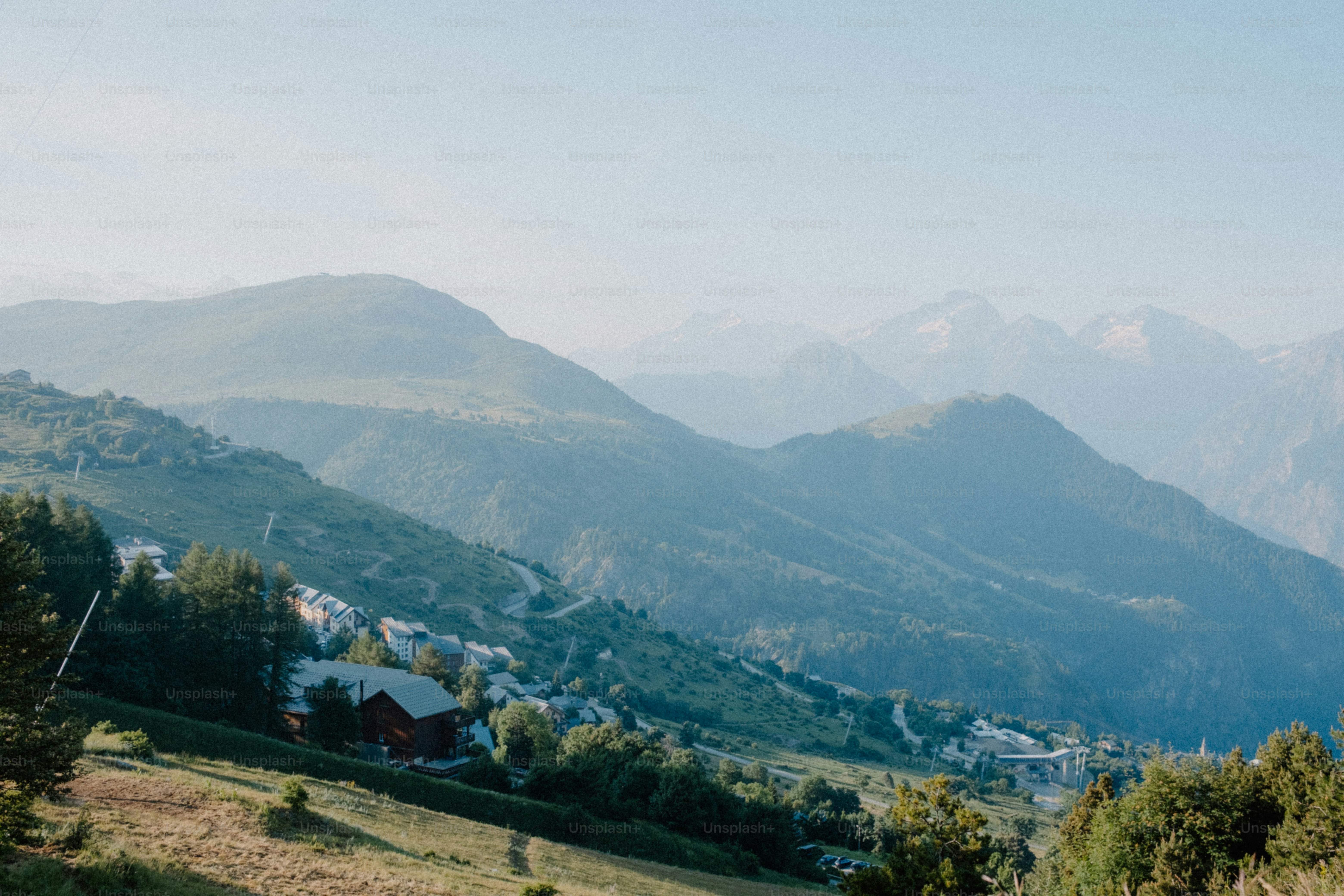 Hilly mountains in hazy blue light.