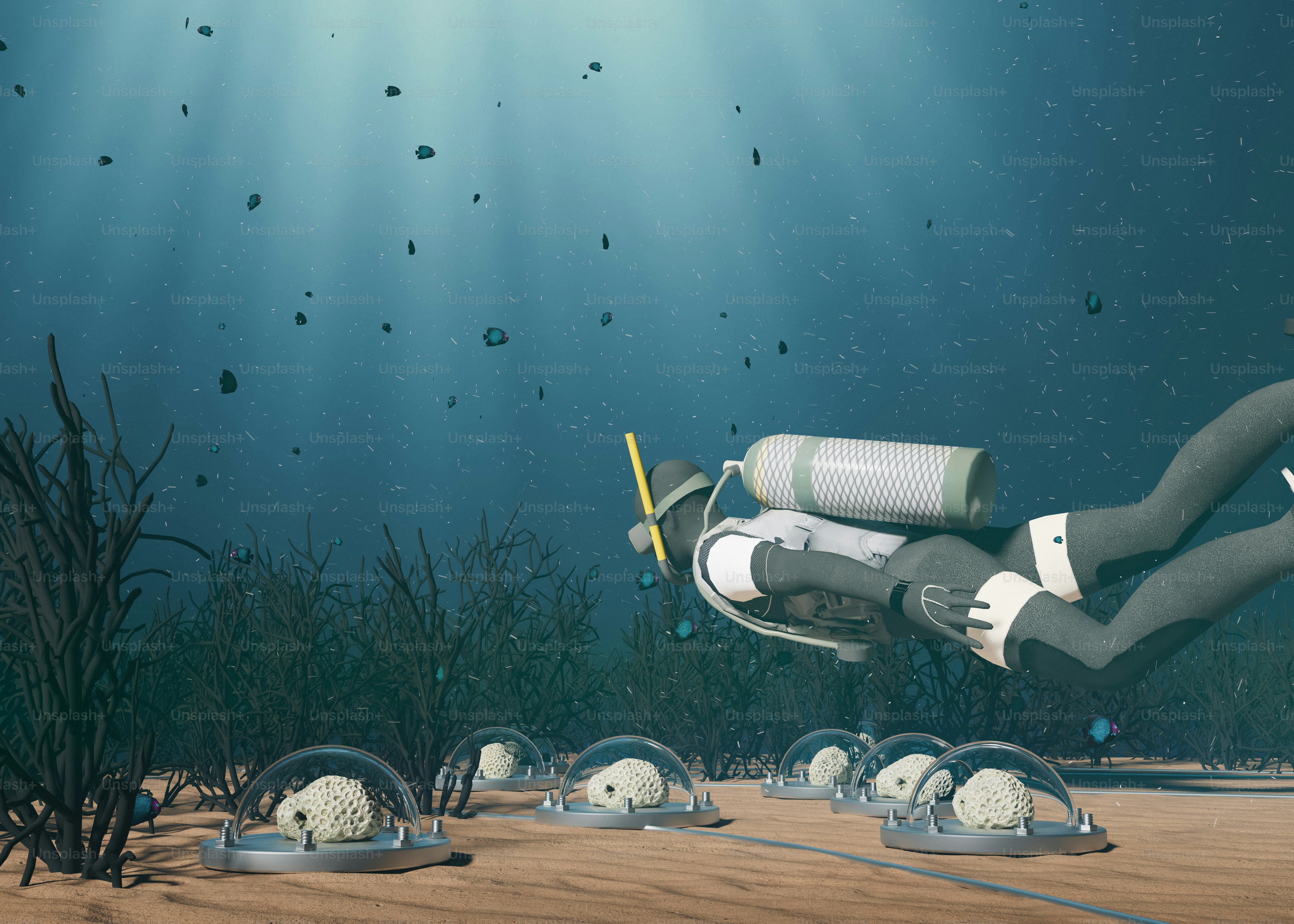 Un subacqueo esplora le cupole sottomarine.