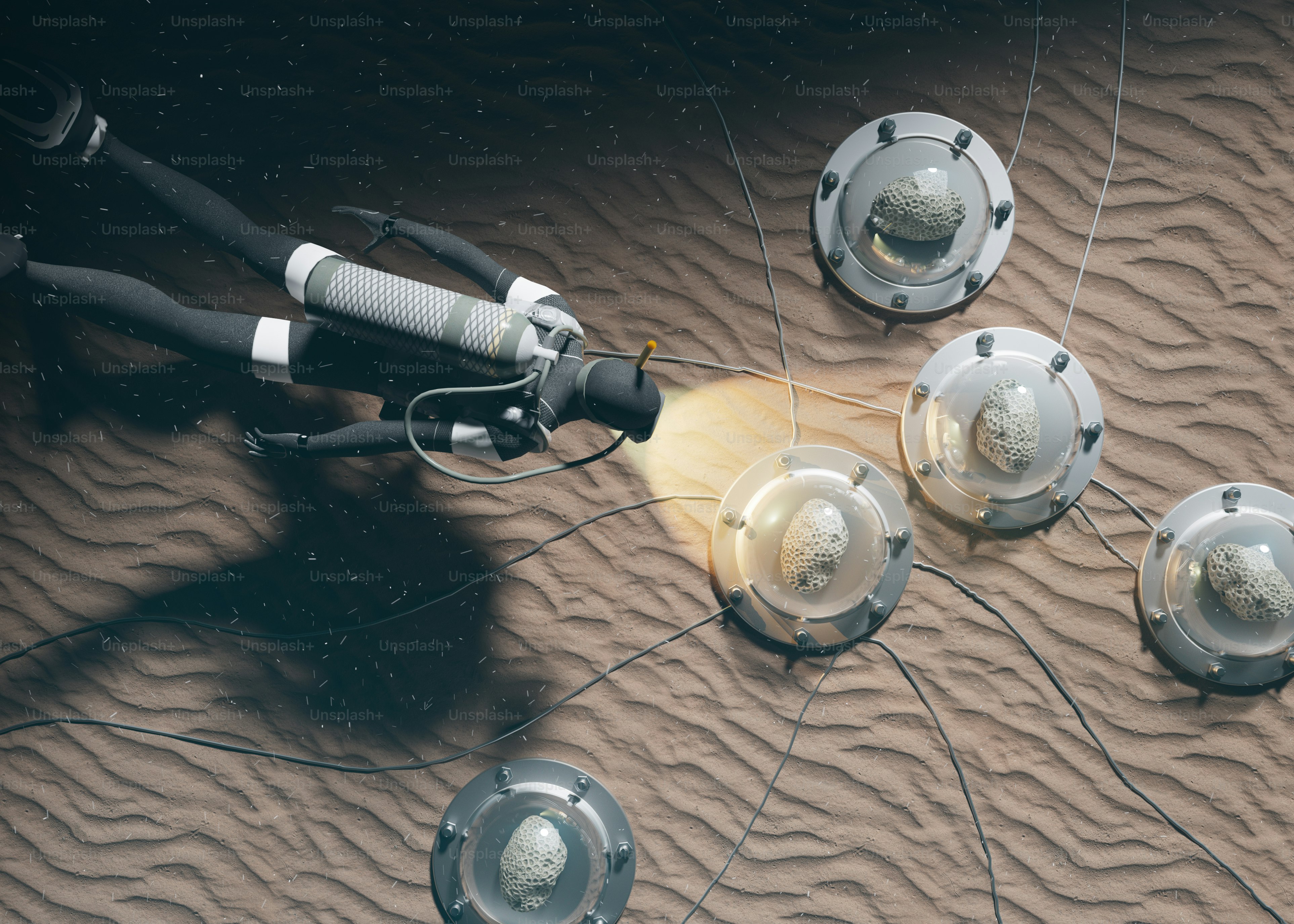 L'astronauta esplora la superficie con i dispositivi.