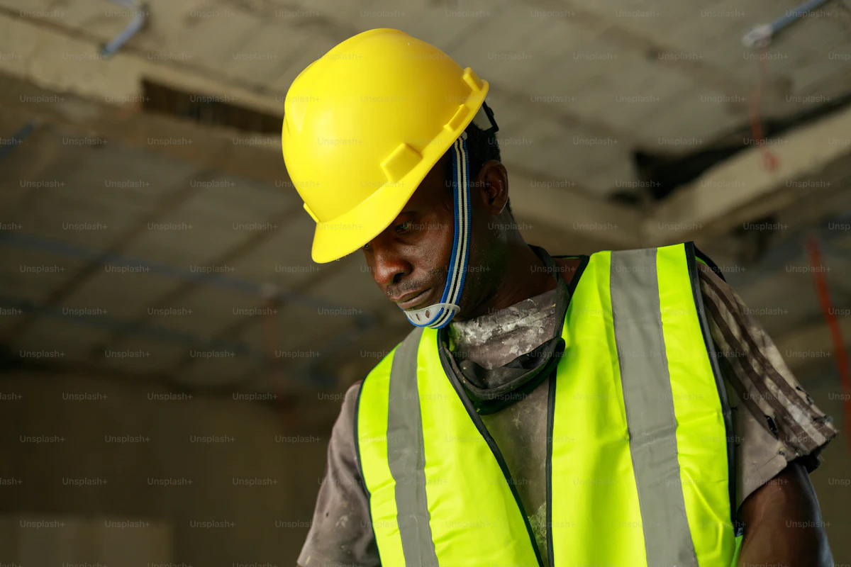 Tradie in hi-vis and hard hat focused on a granny flat build