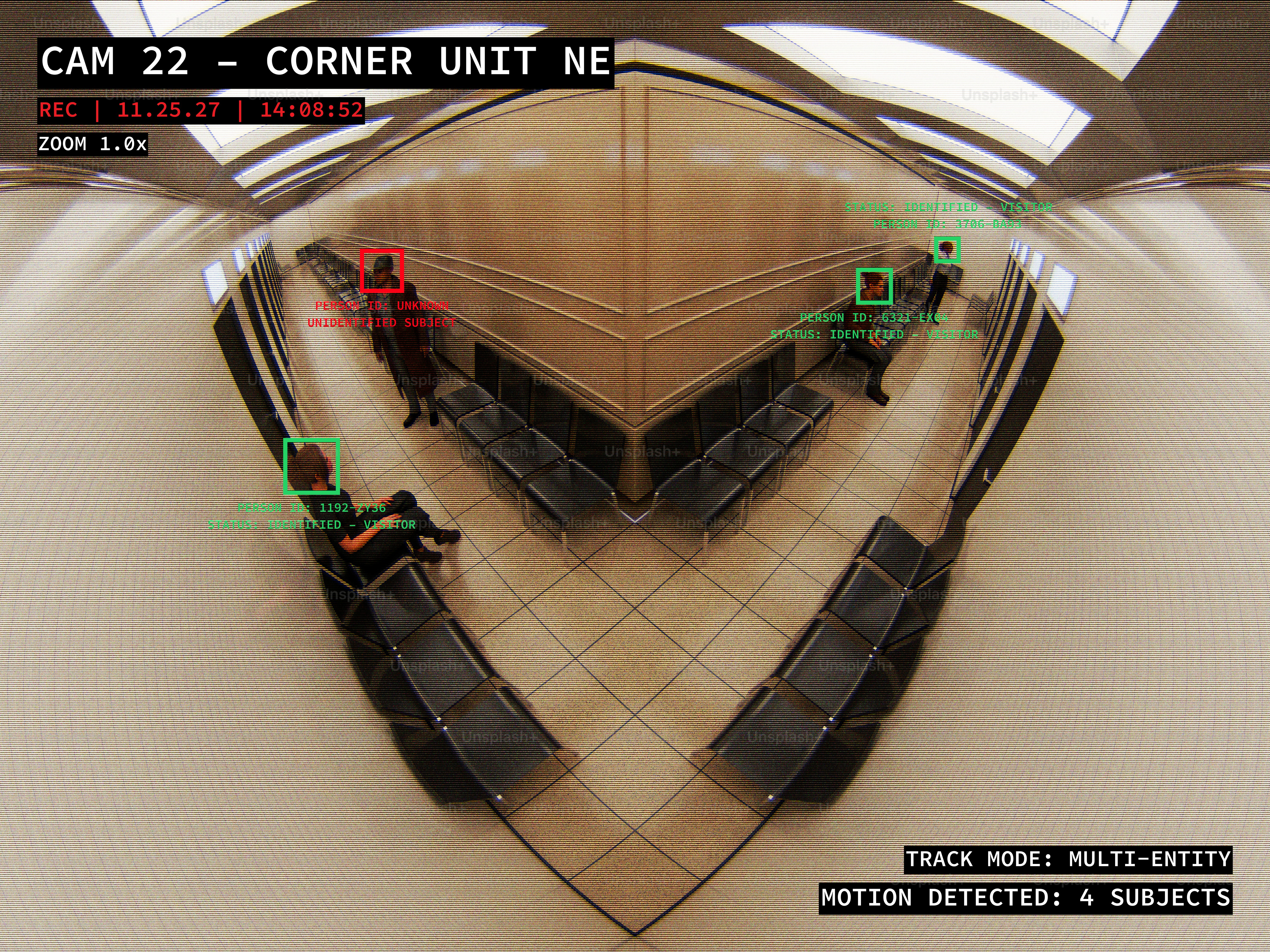 Futuristic surveillance camera scanning and identifying visitors with real-time data overlays. 3D render.