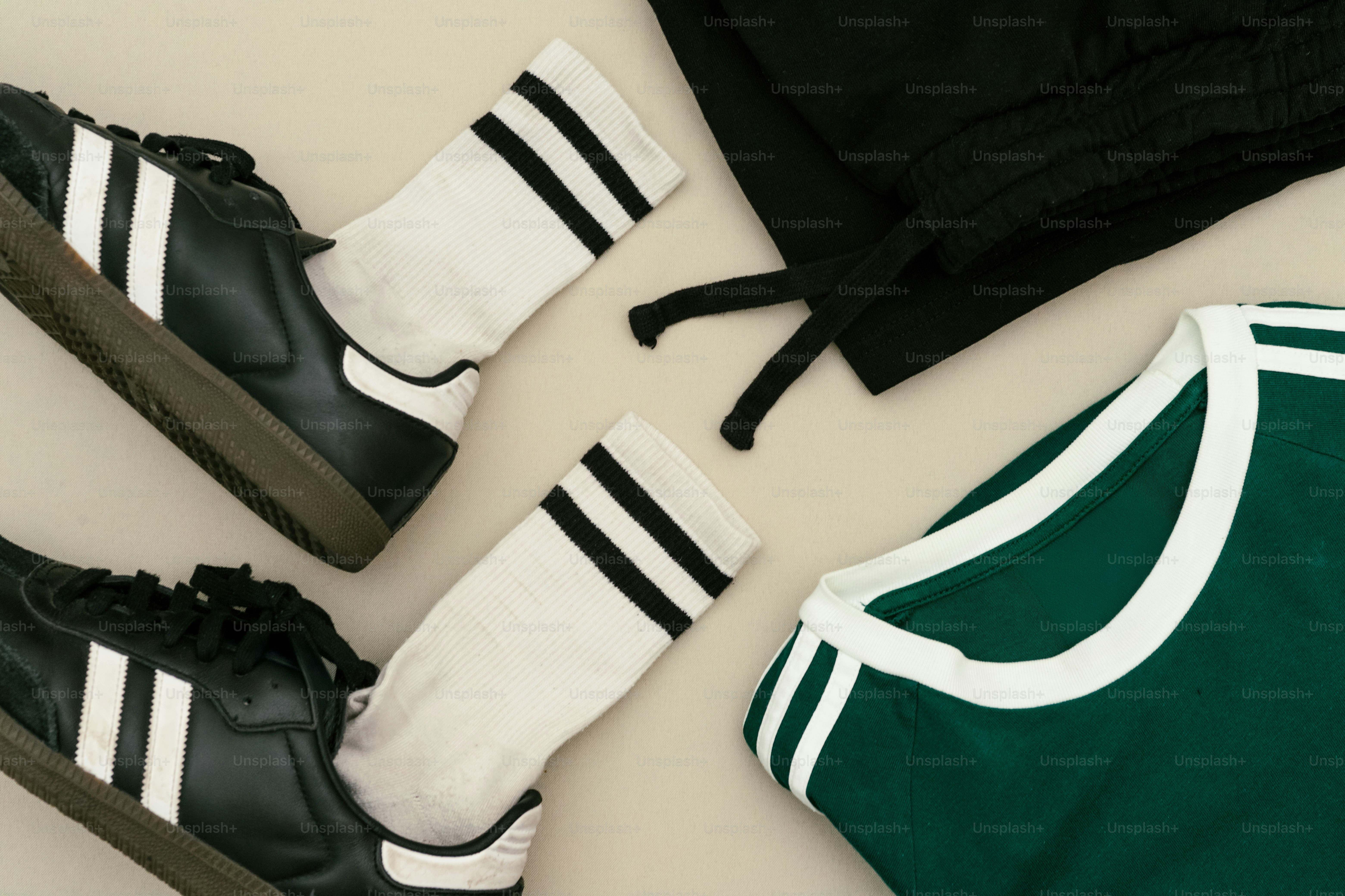 Sneakers, socks, shorts and shirt for sport.