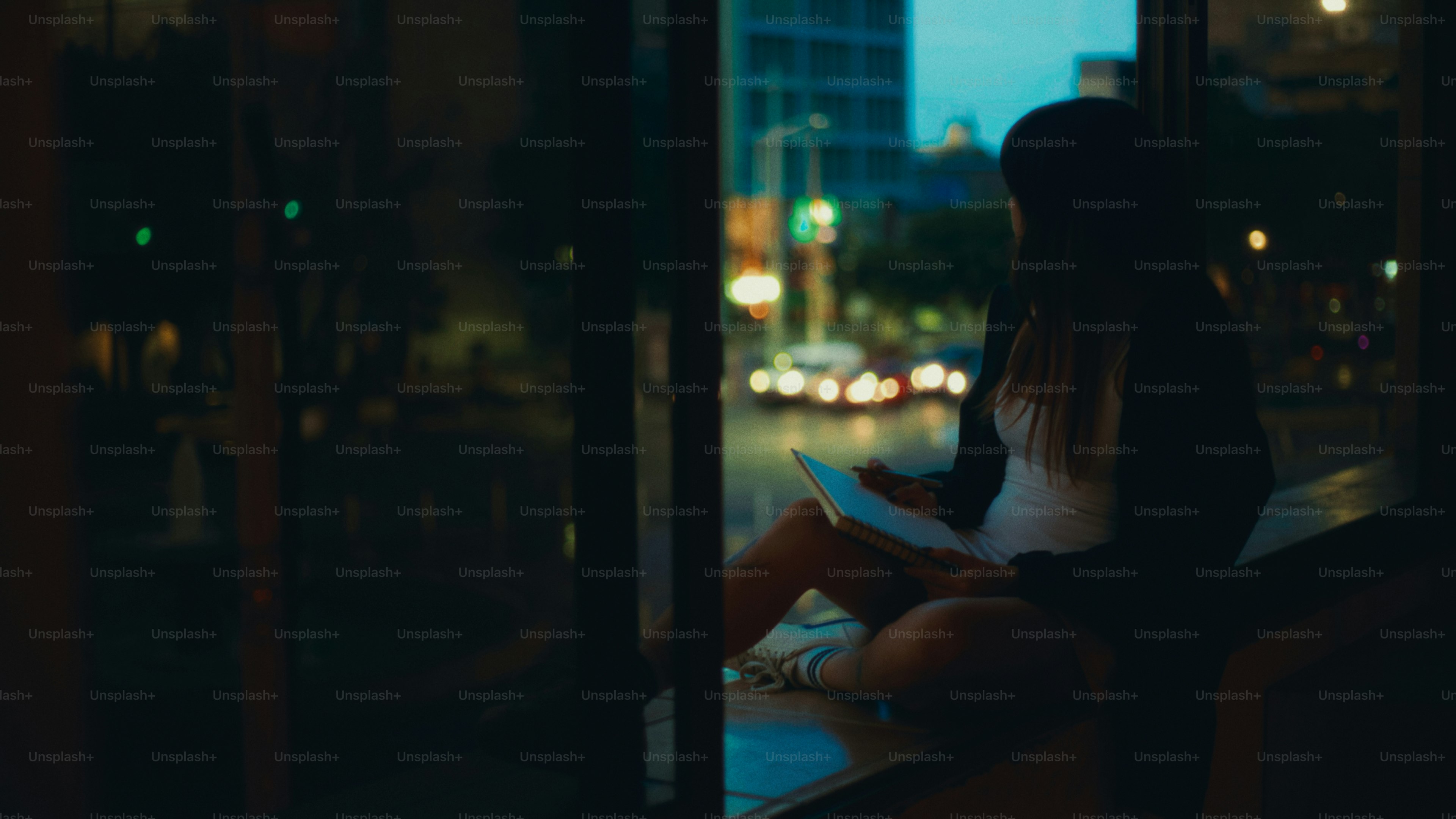 Woman reads a book by a window at night.
