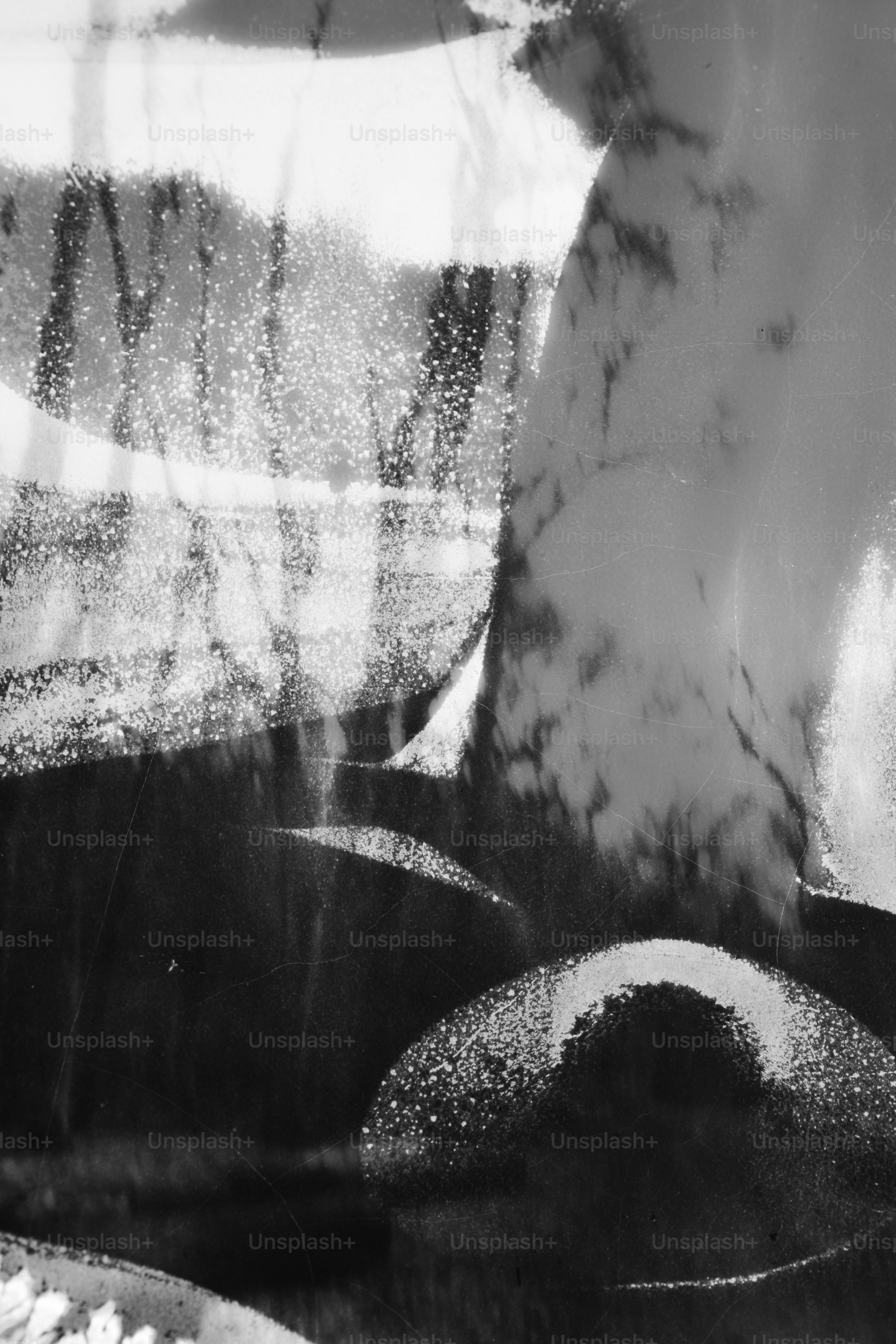 Abstract shapes blend in shades of black and white.