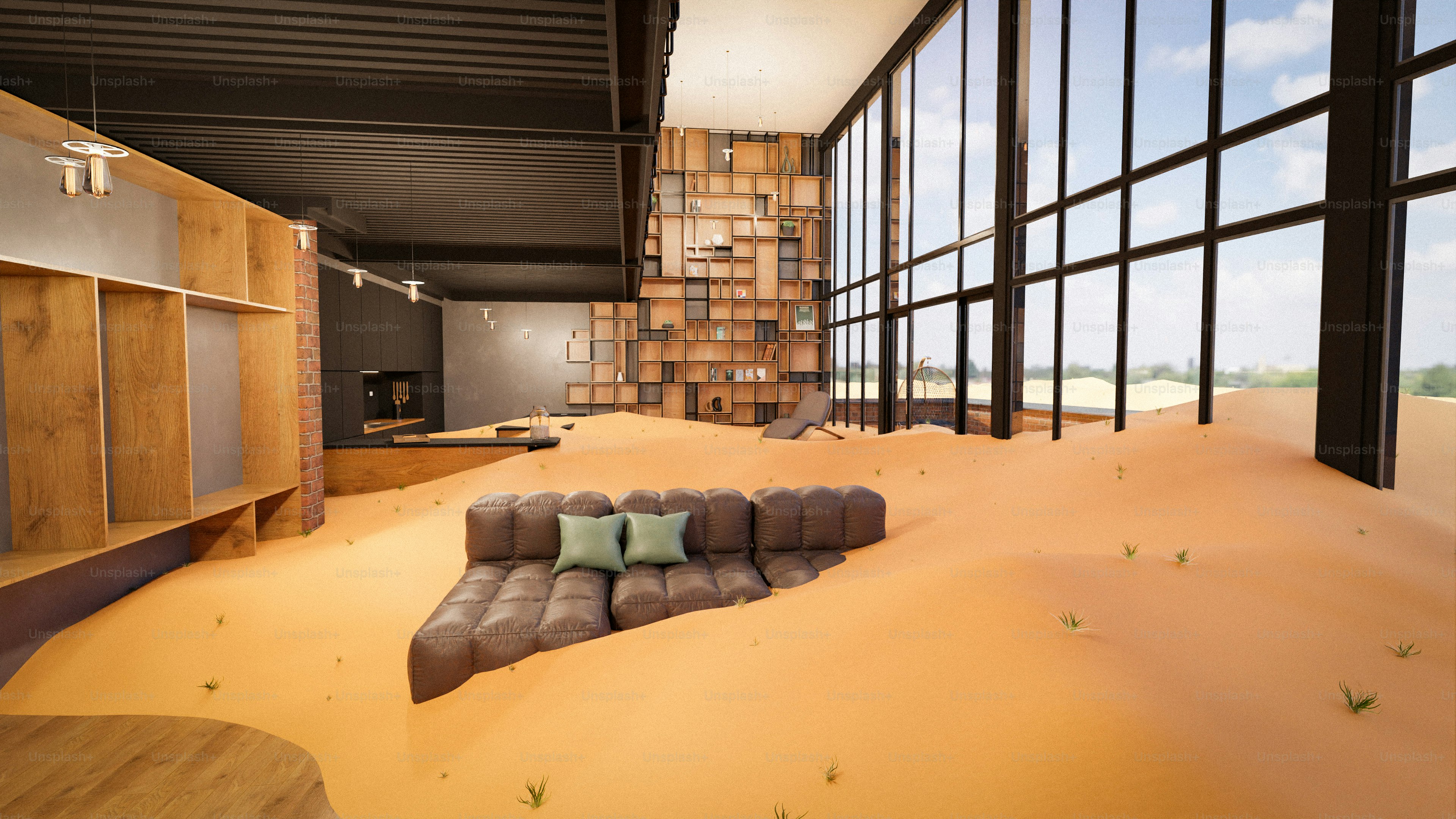 Chambre intérieure remplie de sable et de meubles.