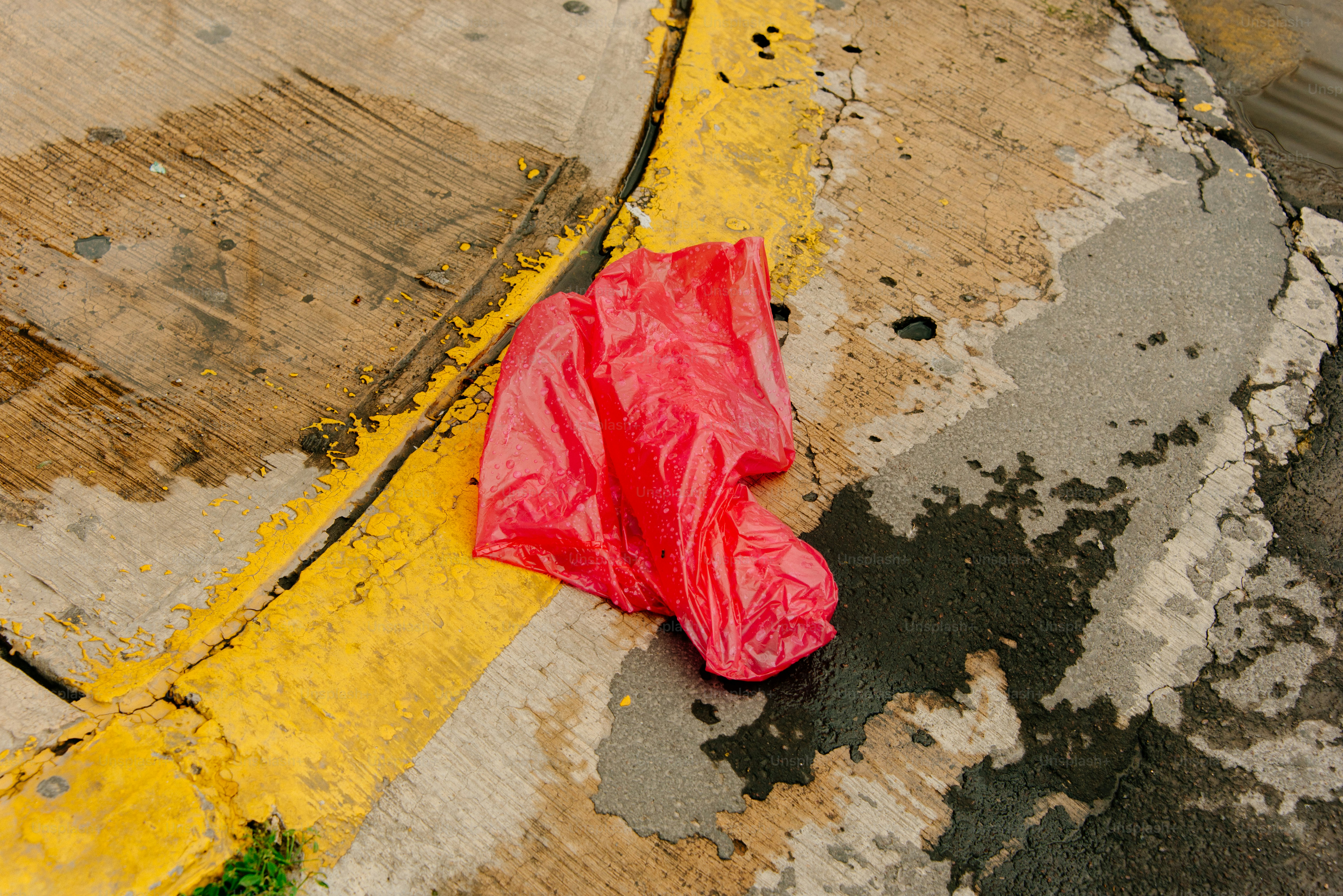 A red plastic bag lies on a wet street.