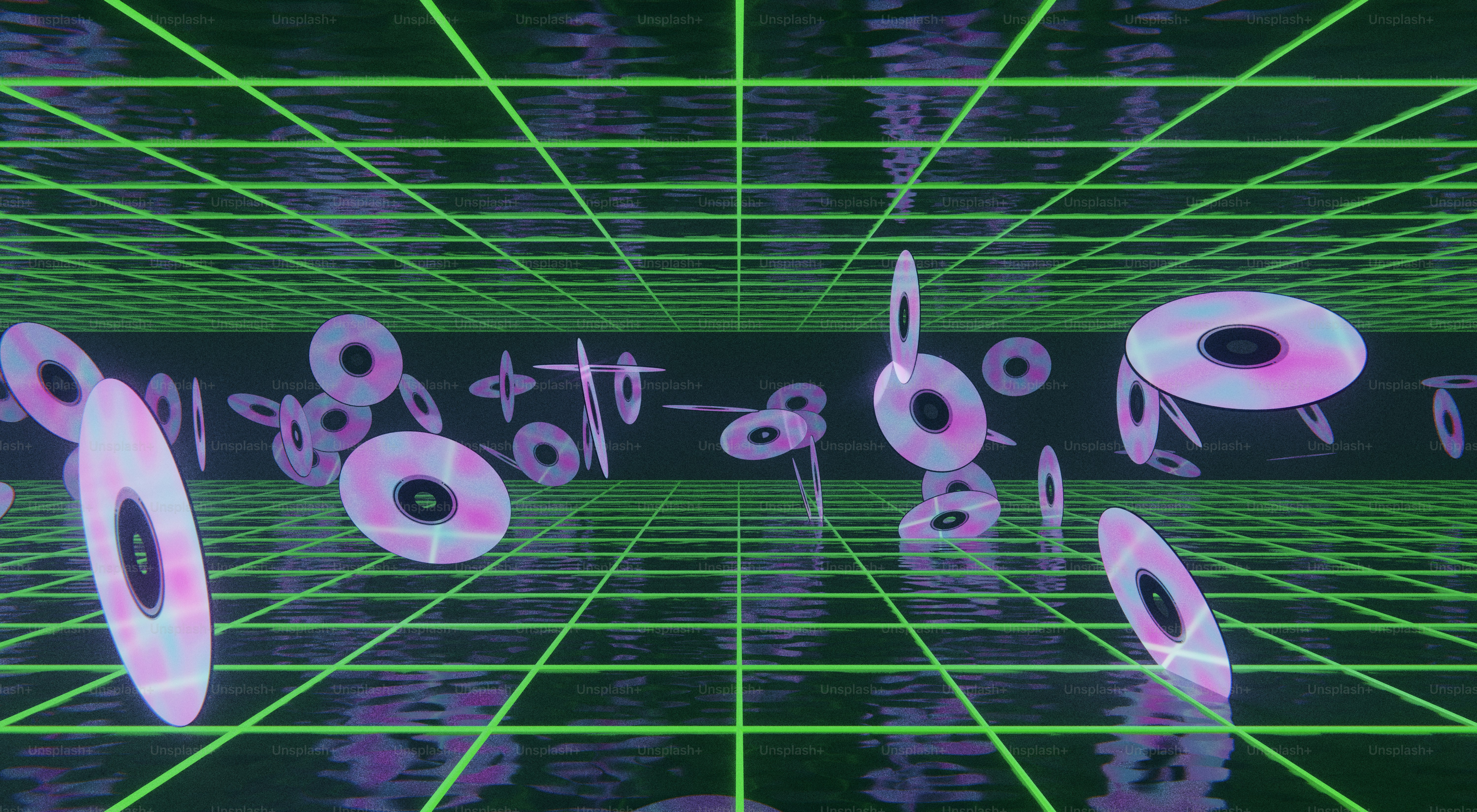 Discs float within a digital grid of some sort.