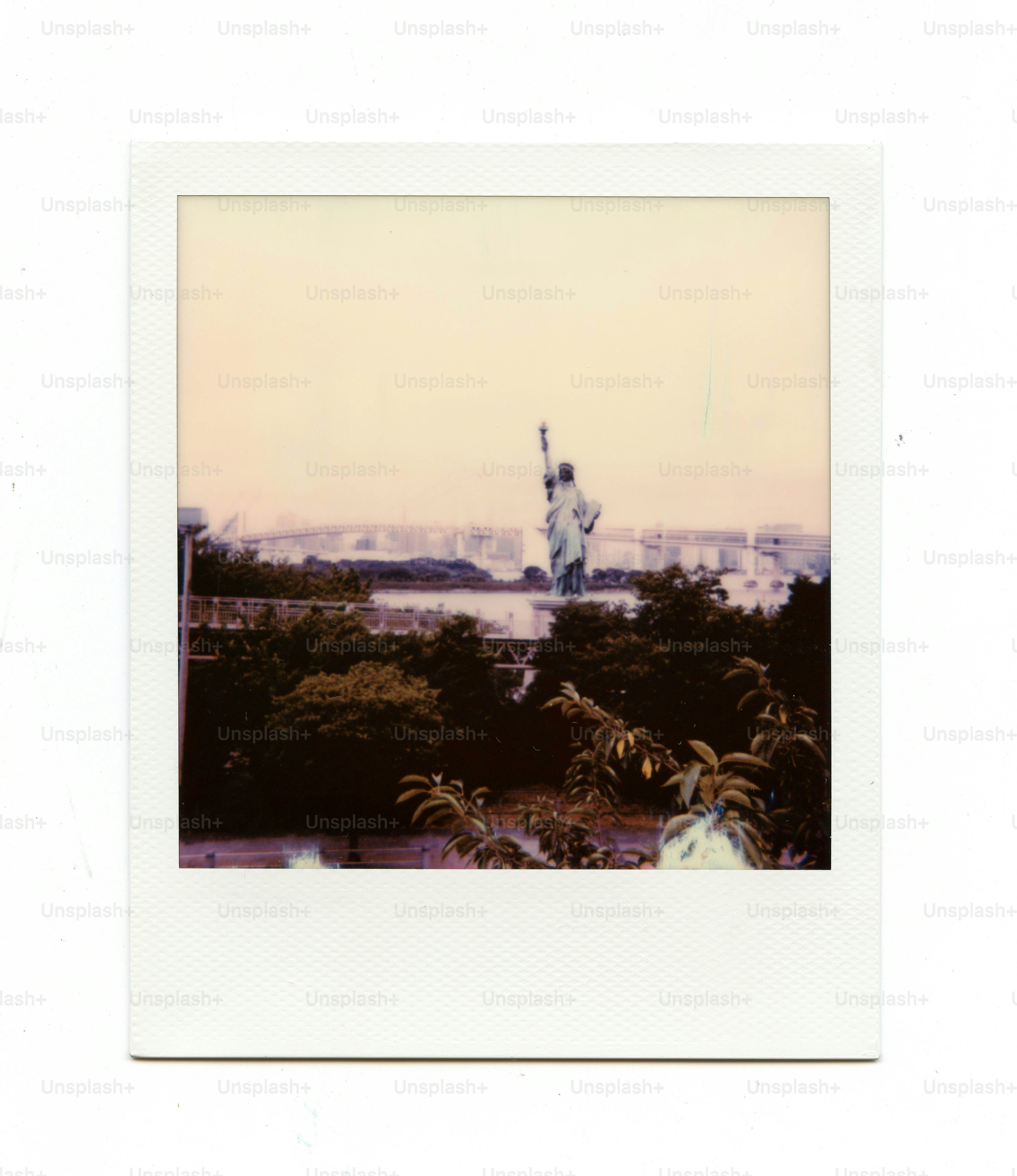 The statue of liberty is seen in this polaroid.