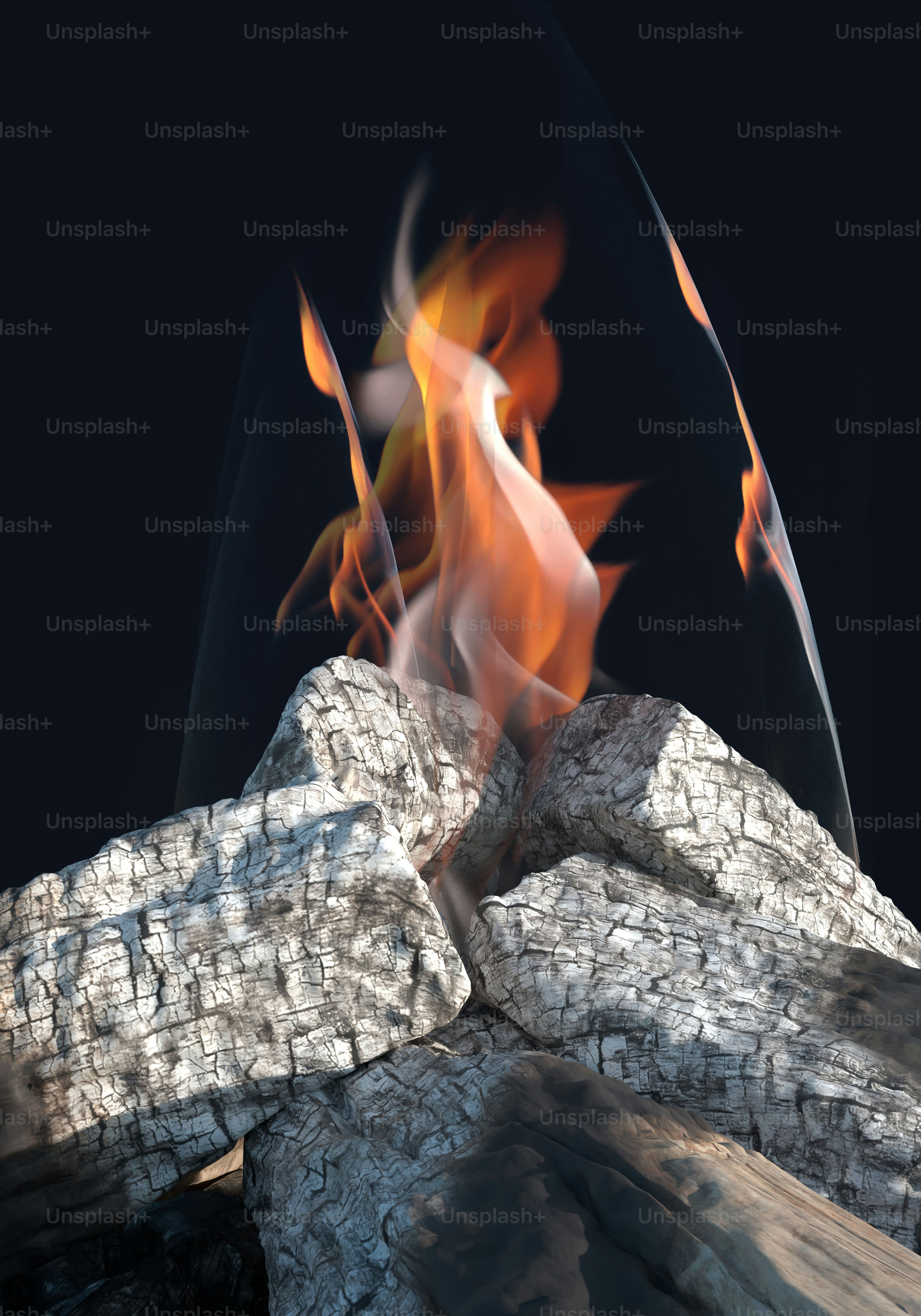 Burning flames are visible on top of logs.