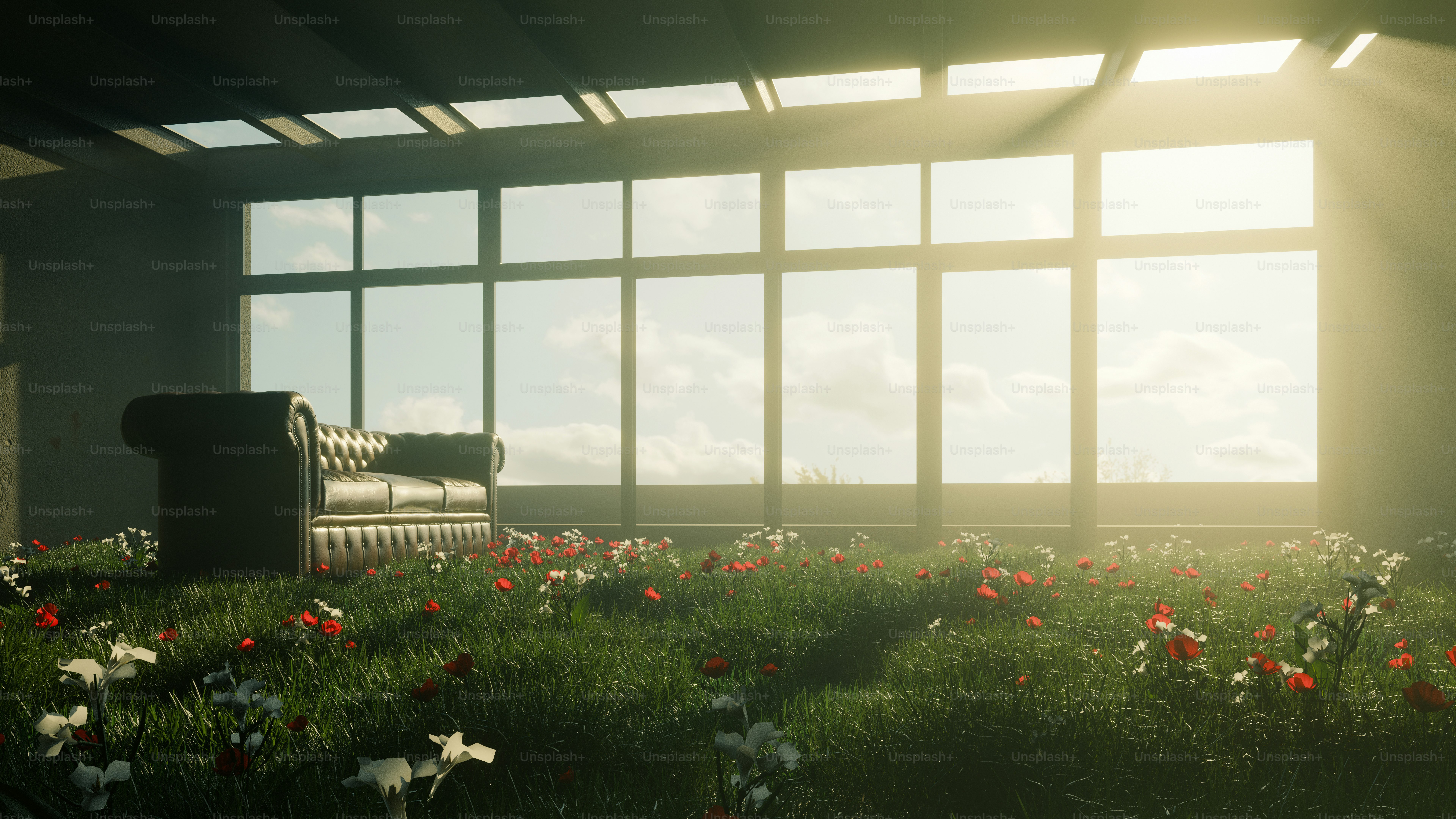 Sunlight streams into a room filled with grass and flowers.