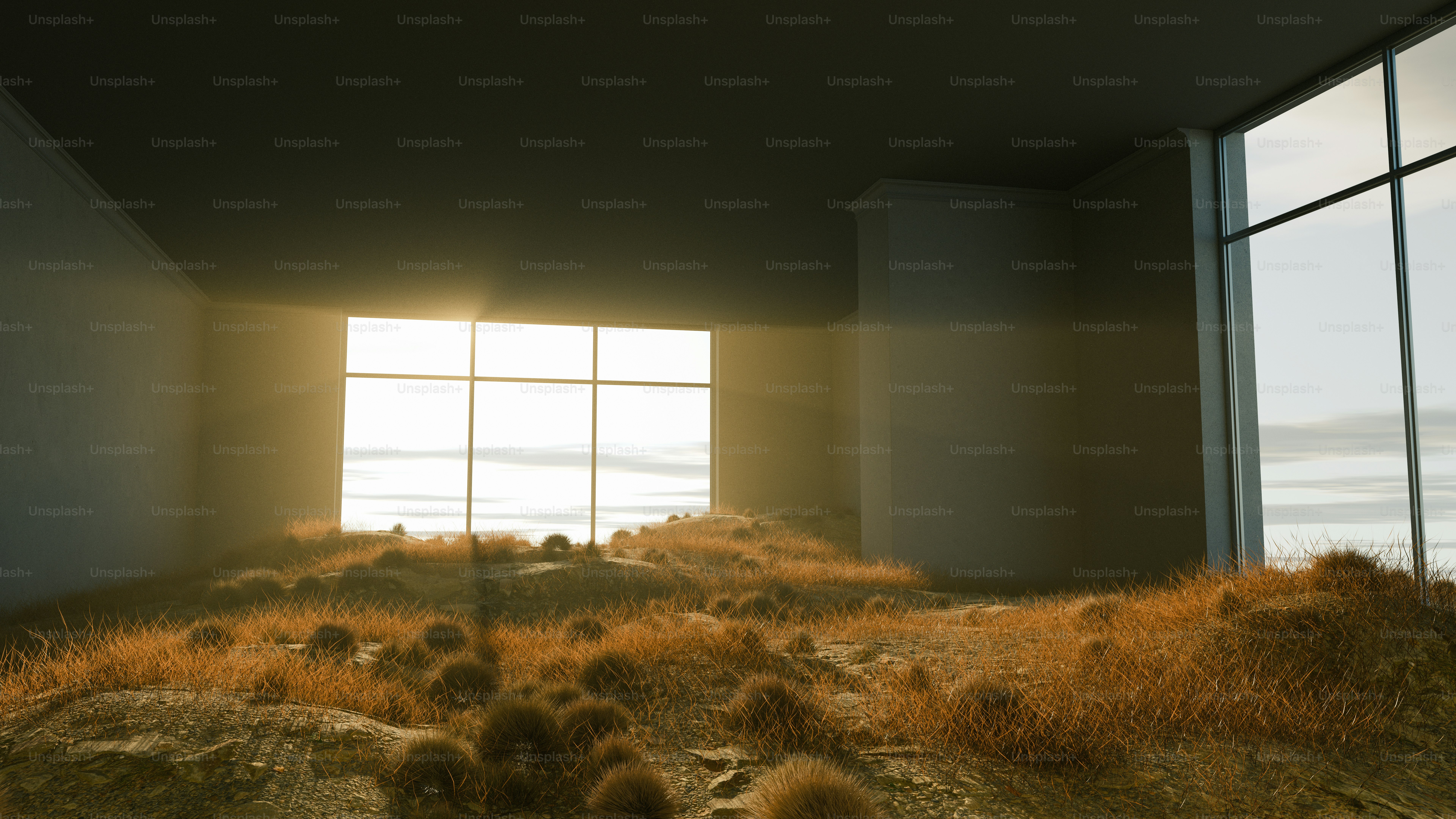 A room filled with dried grass and bright light.