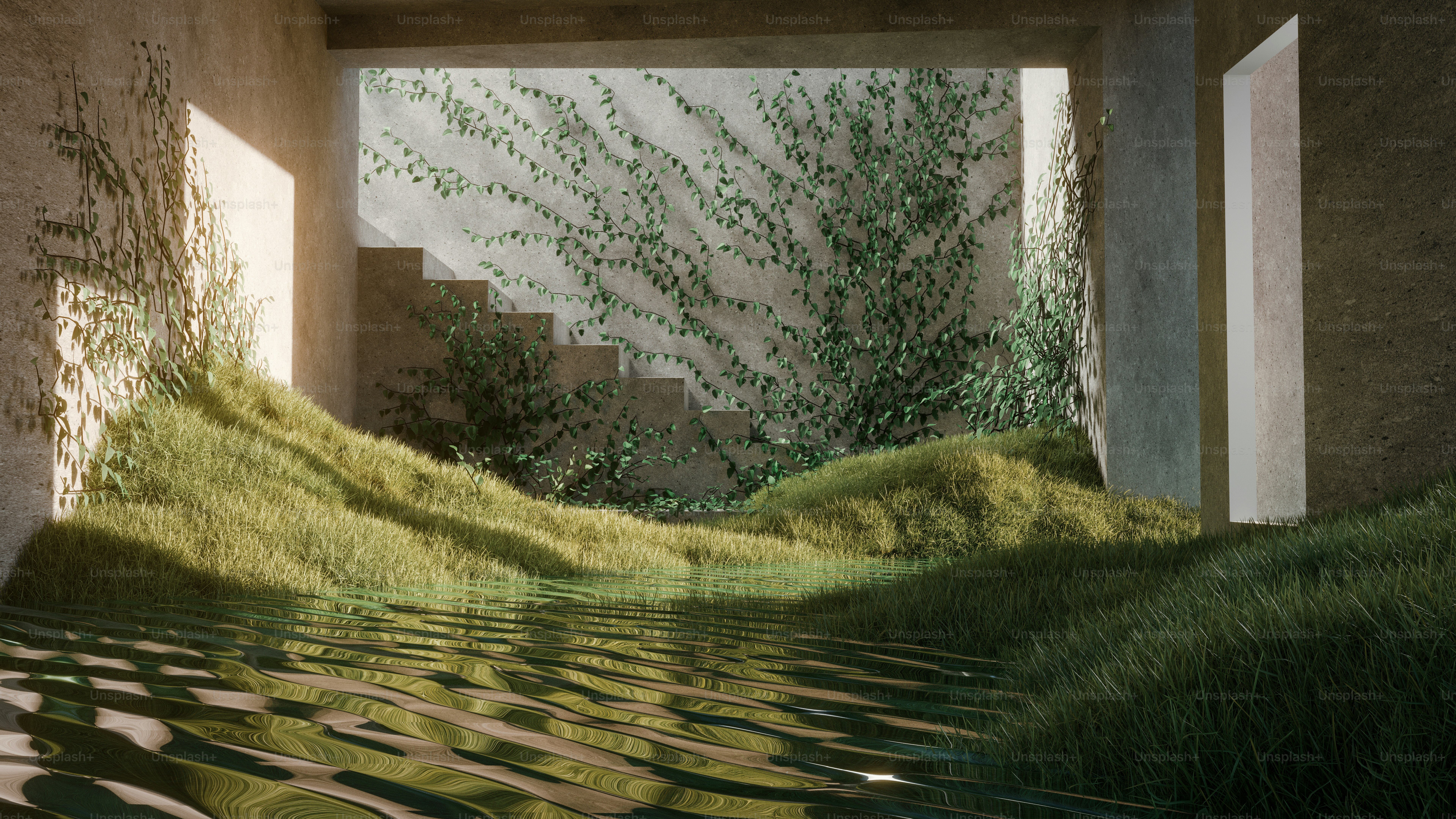 A serene, overgrown space with water.