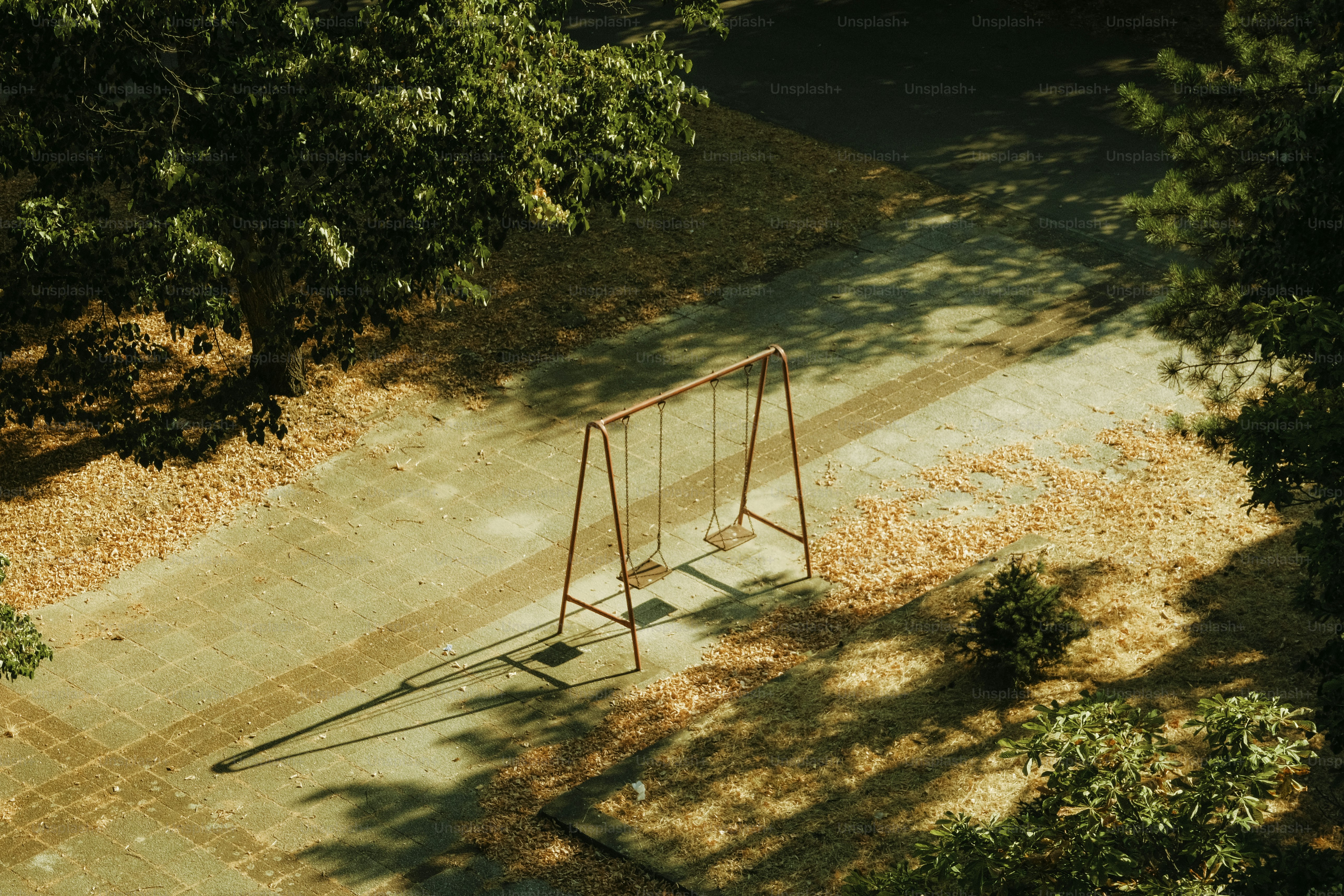 Empty swings stand in a park, casting long shadows.