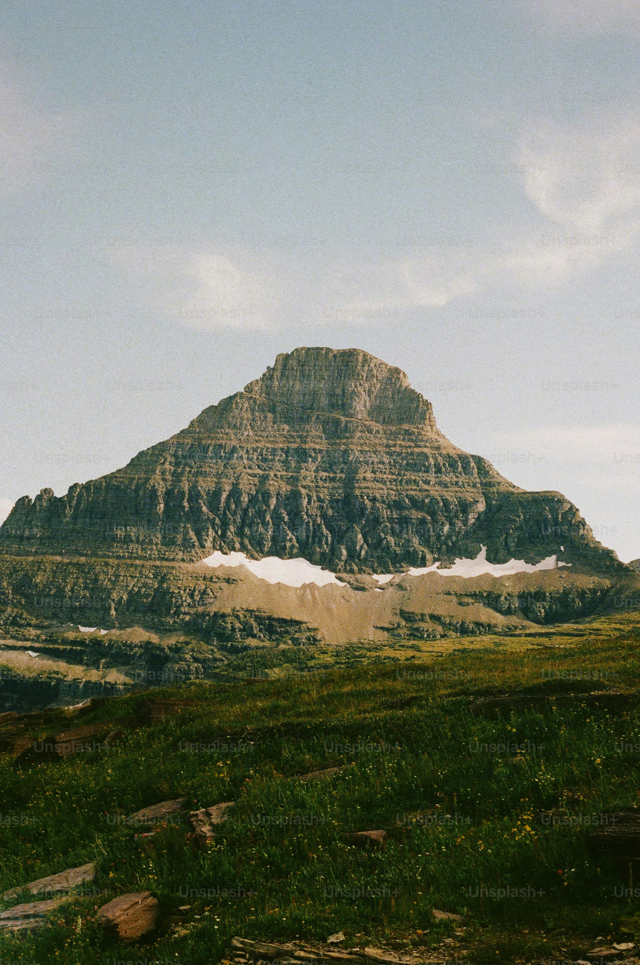 Majestic mountain rises above a green meadow.