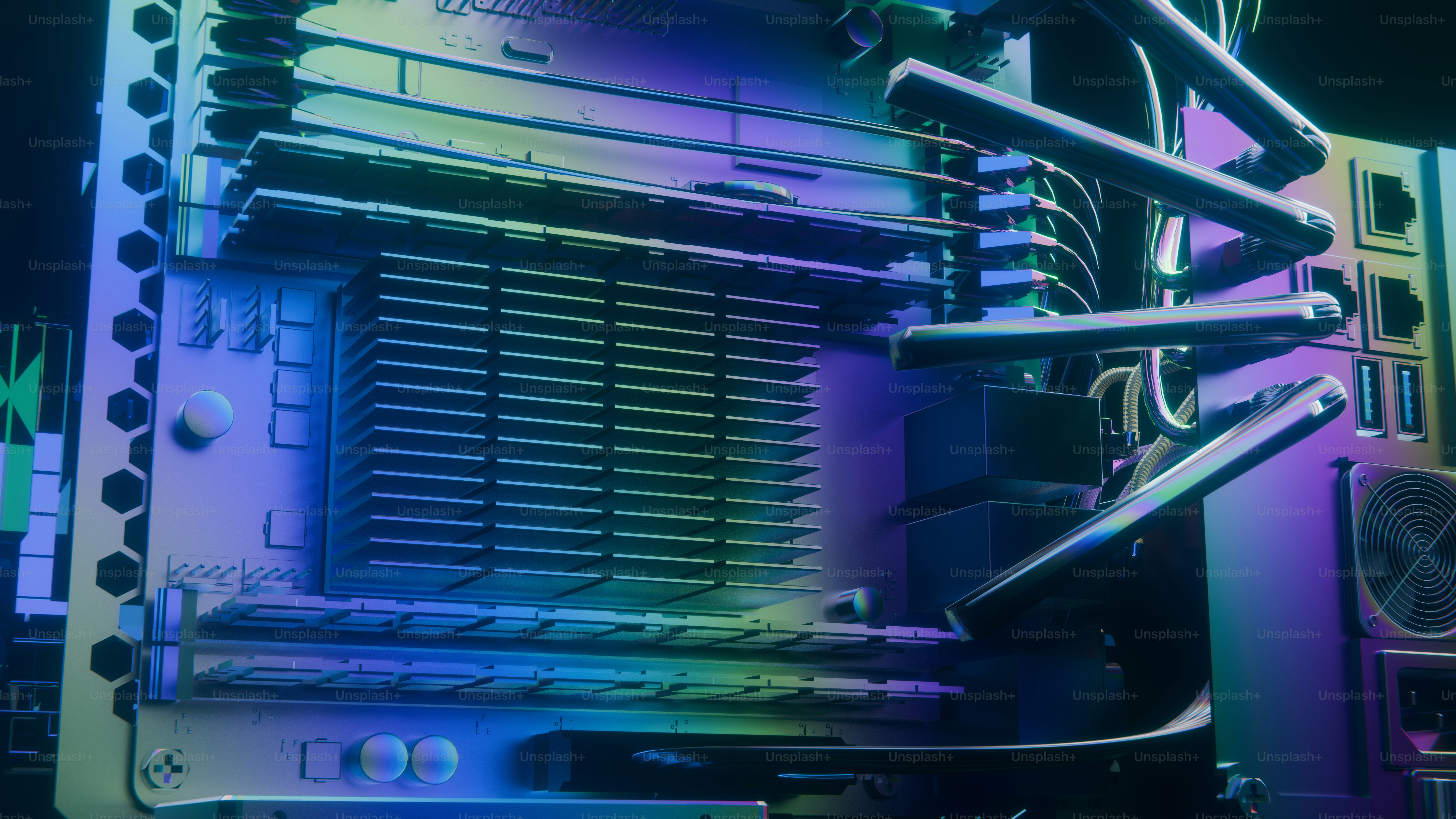 À l’intérieur d’un ordinateur, des composants éclairés au néon.