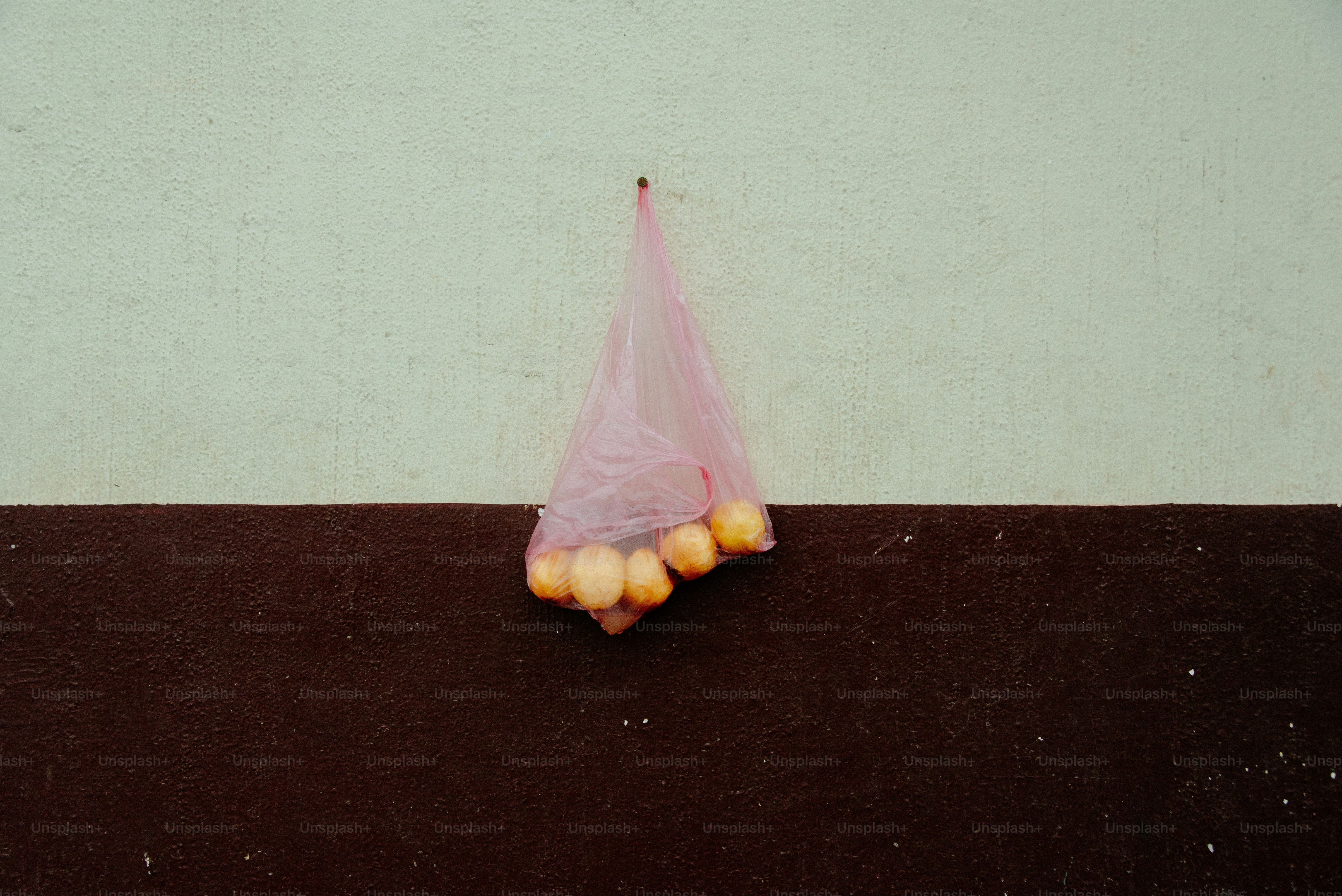 A plastic bag holds some oranges on the wall.
