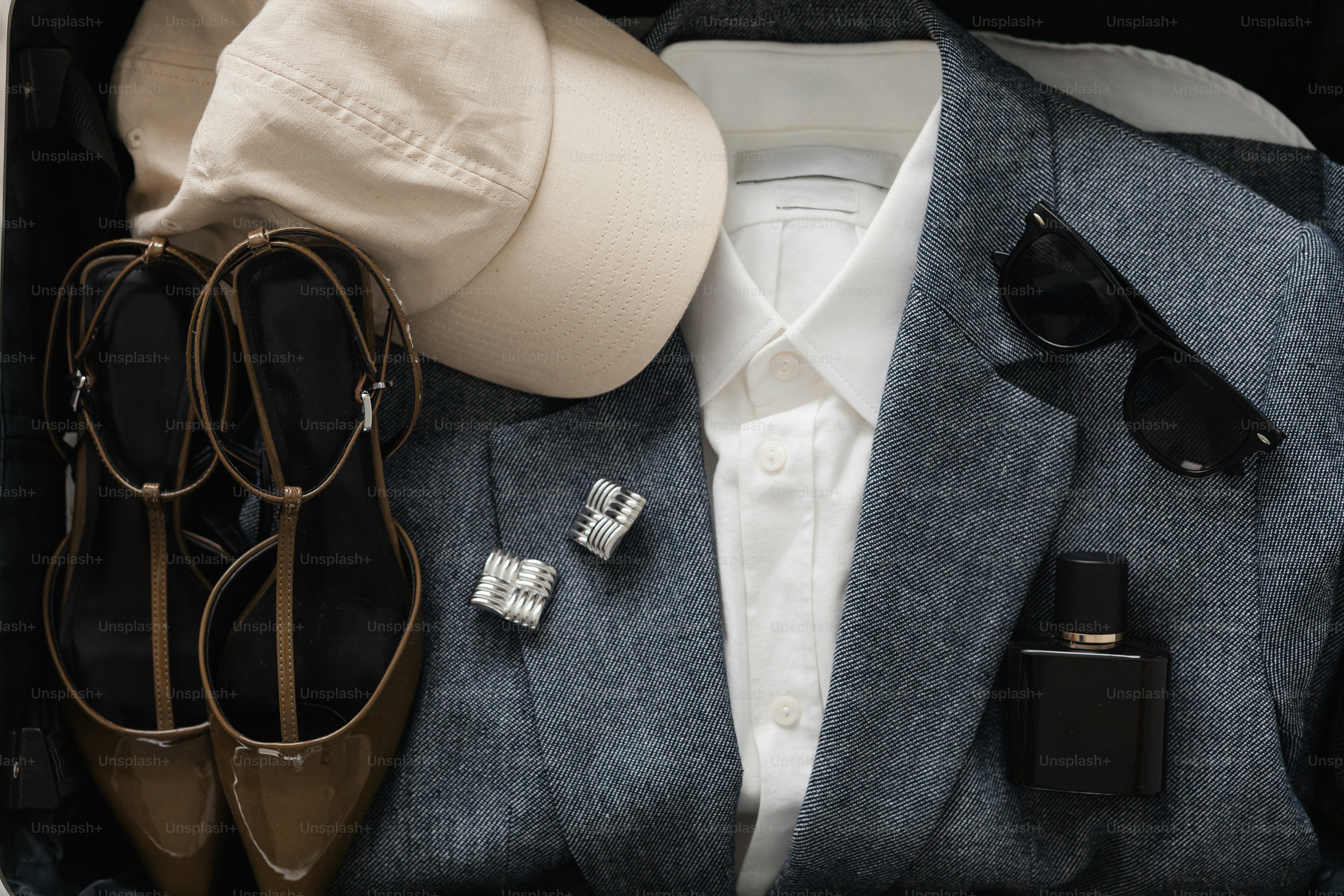 Stylish clothes and accessories are packed.