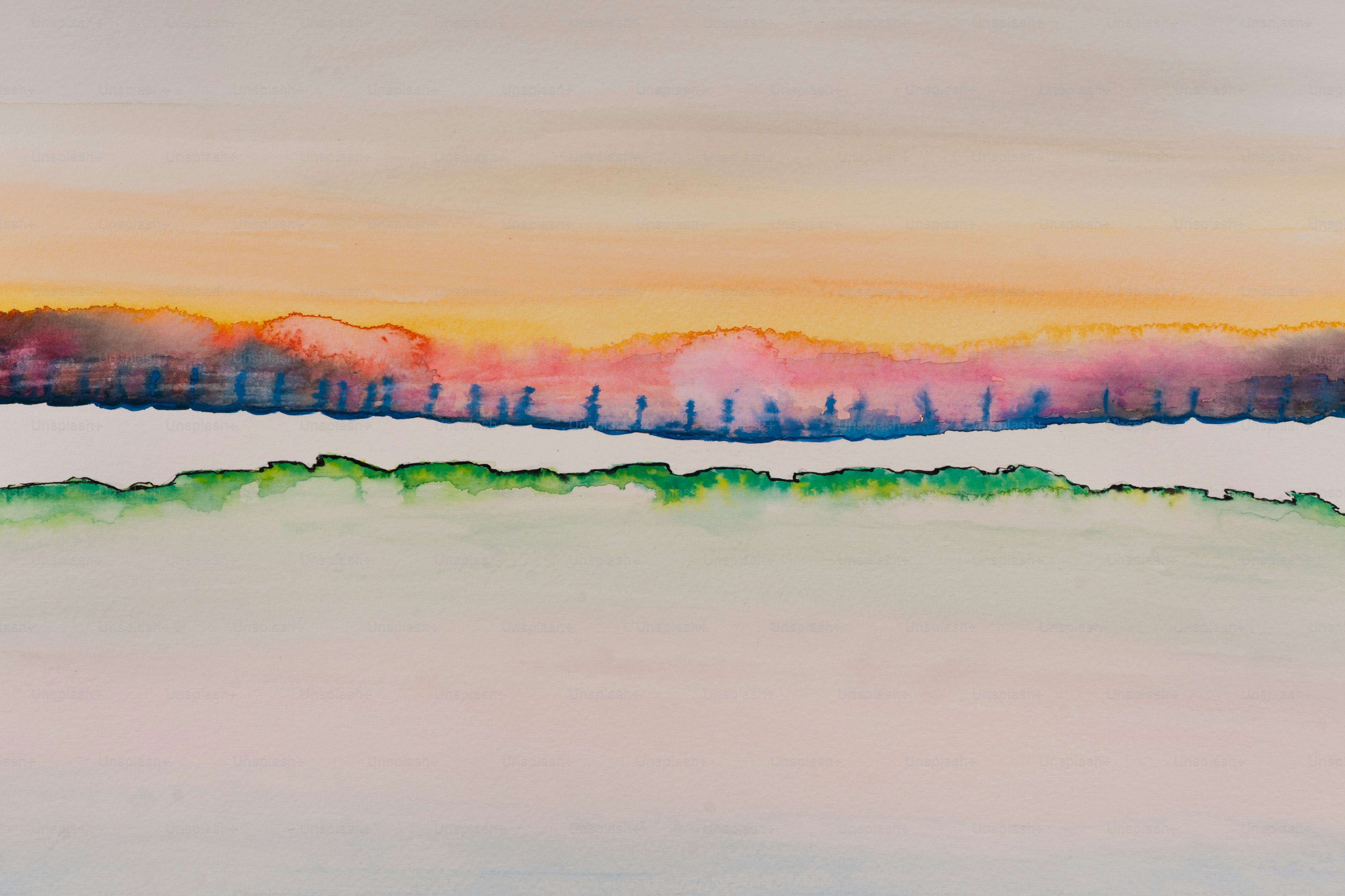 Abstract watercolor painting of a colorful landscape.
