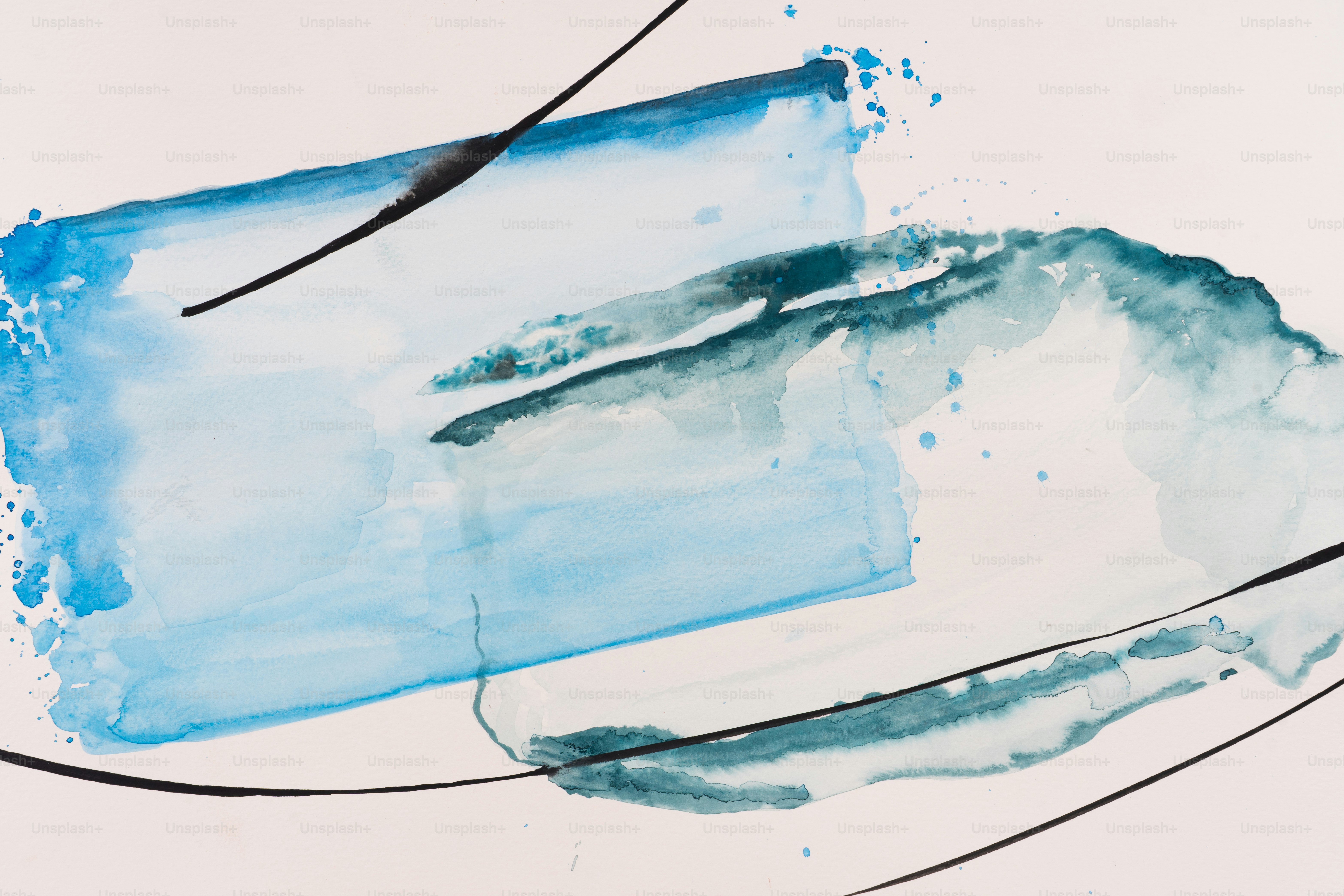 Blue watercolor strokes with black lines.