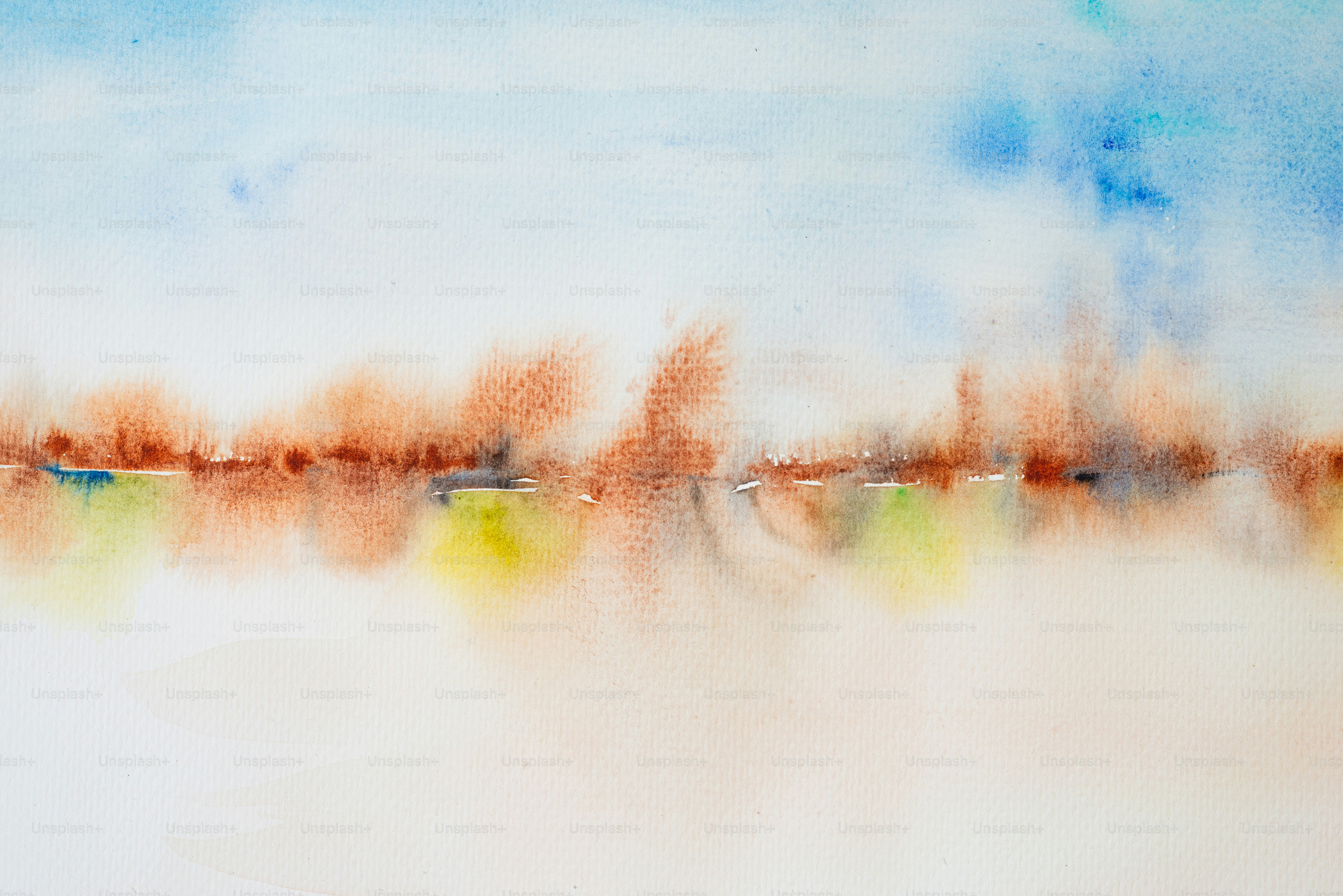 Abstract watercolor painting depicts a landscape.