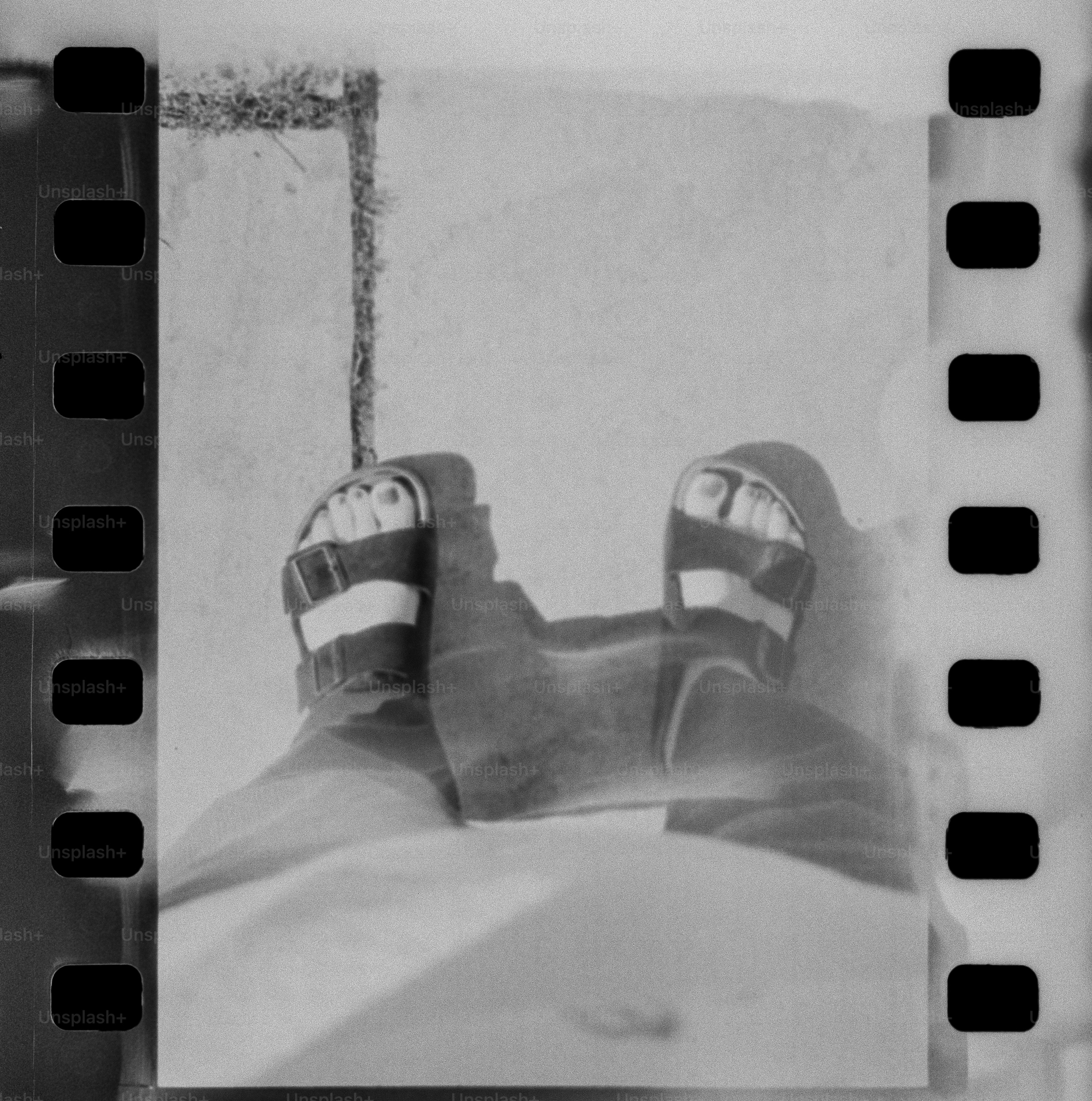Feet in sandals, viewed from above.