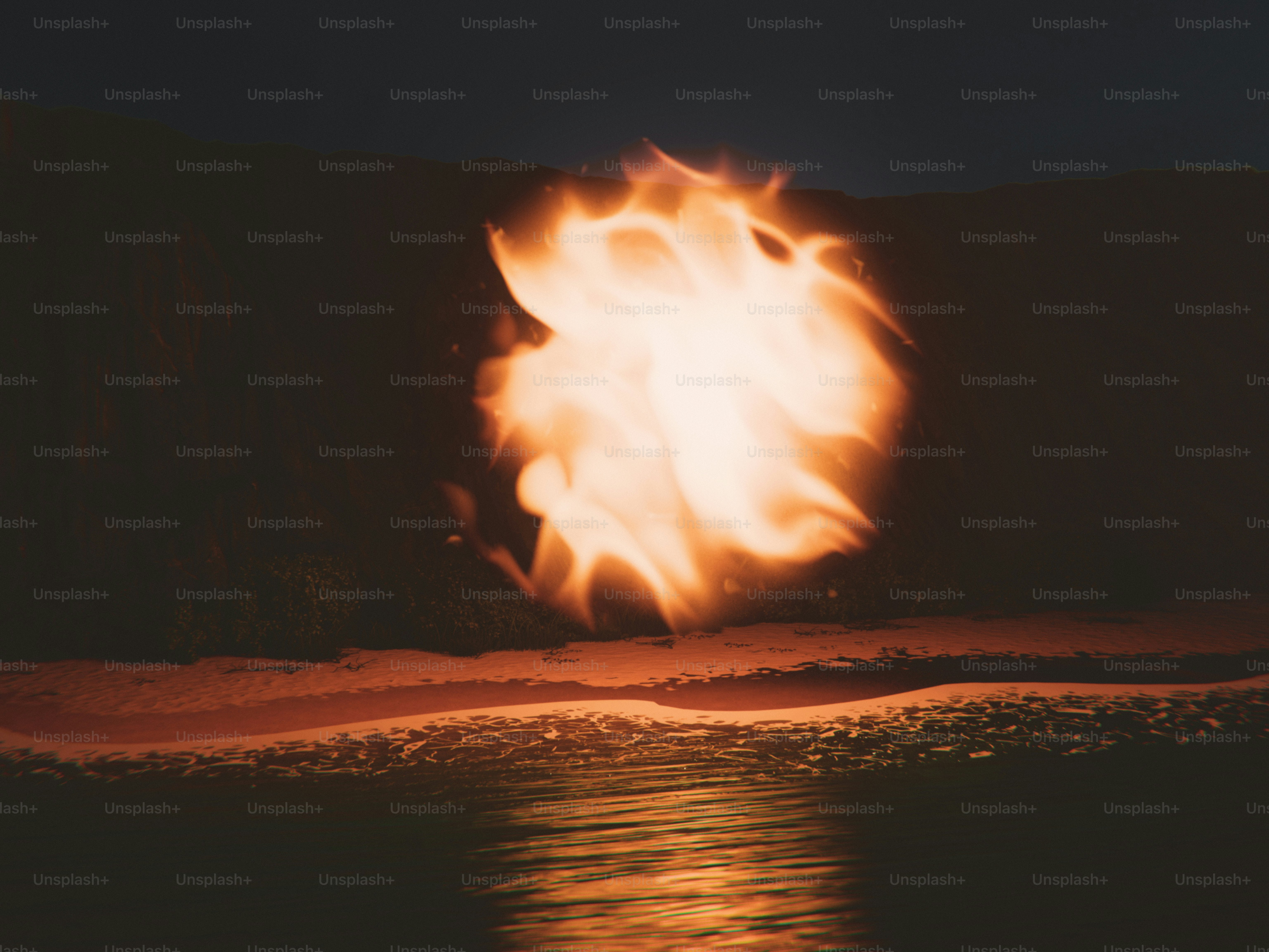 A sphere of fire burns over the water.