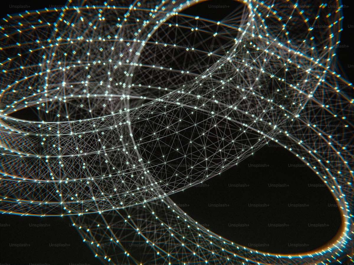 Futuristic neural network of interconnected data points arranged in a mathematical loop, representing MCP client–server topology
