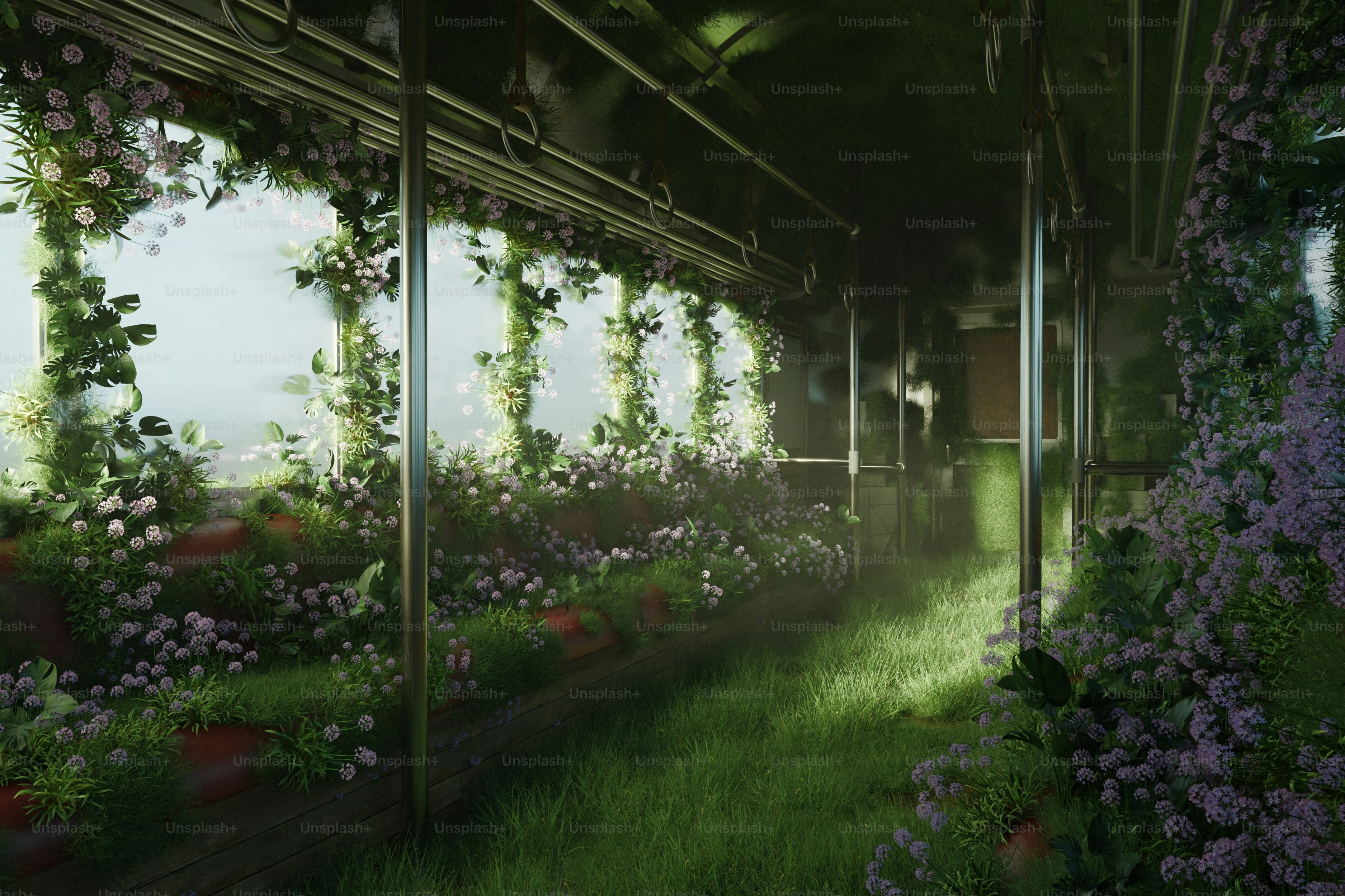 Un vagón de metro cubierto de exuberante vegetación.