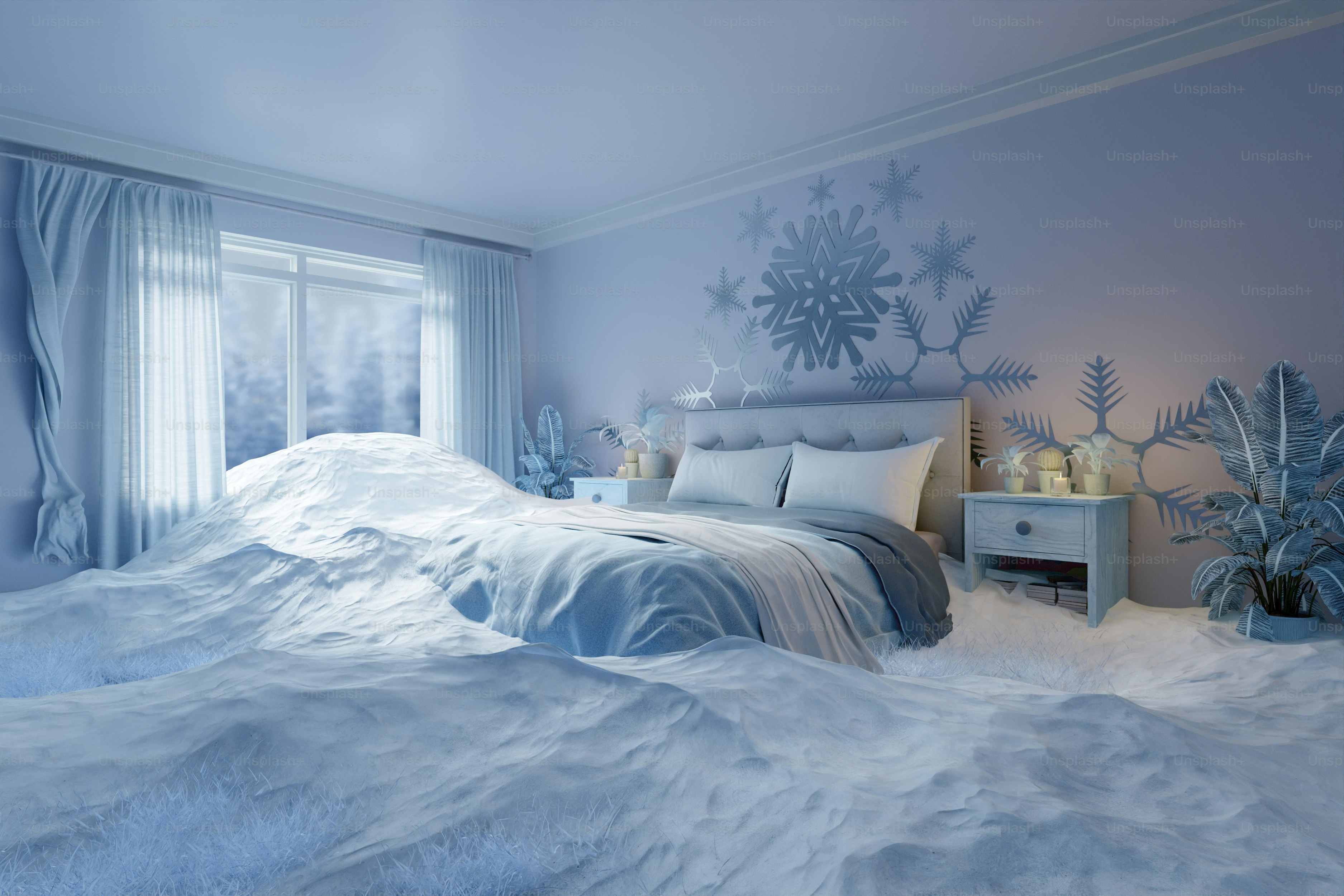 Un dormitorio está invadido por un paraíso invernal.