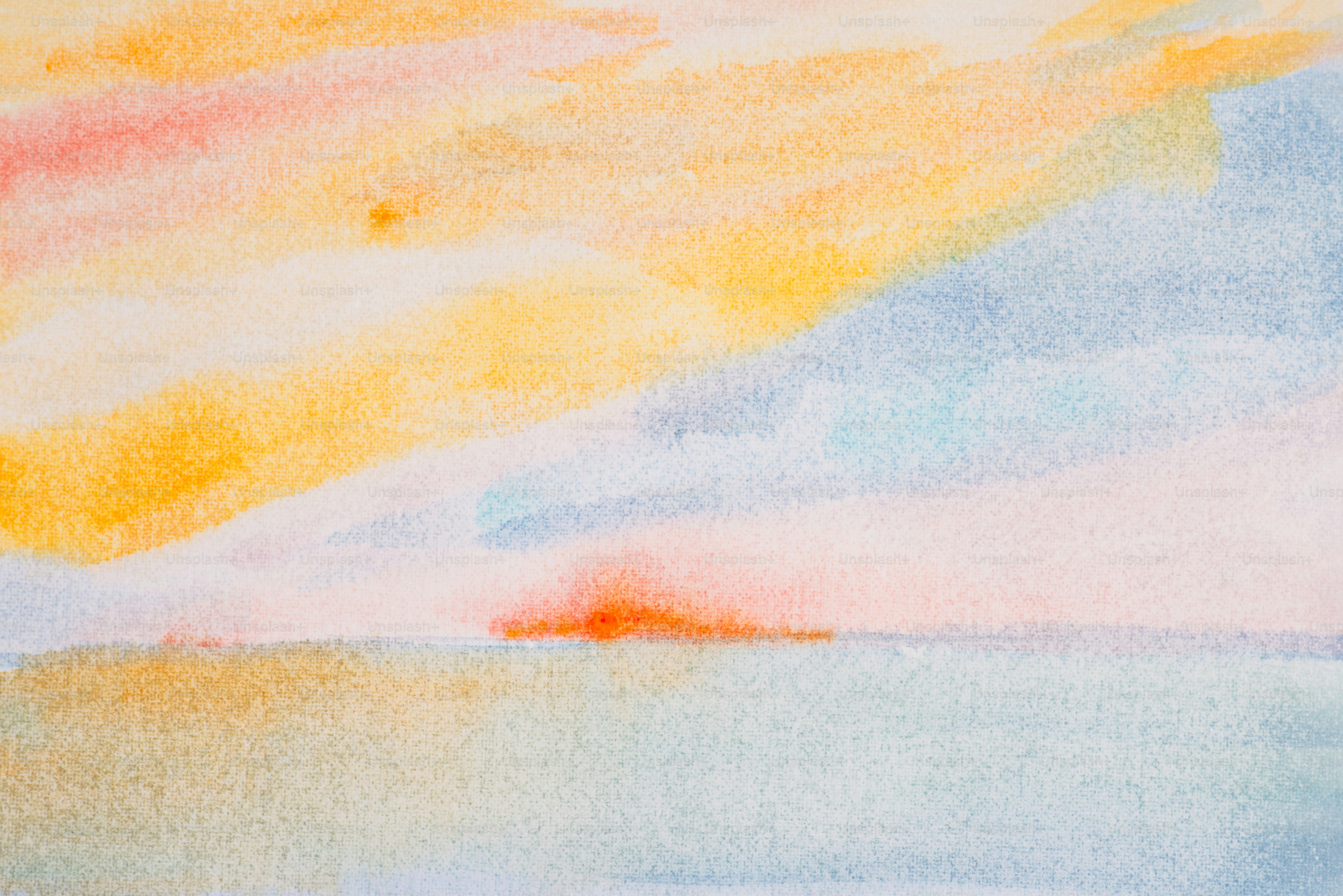 Aquarellgemälde einer farbenfrohen Sonnenuntergangsszene.