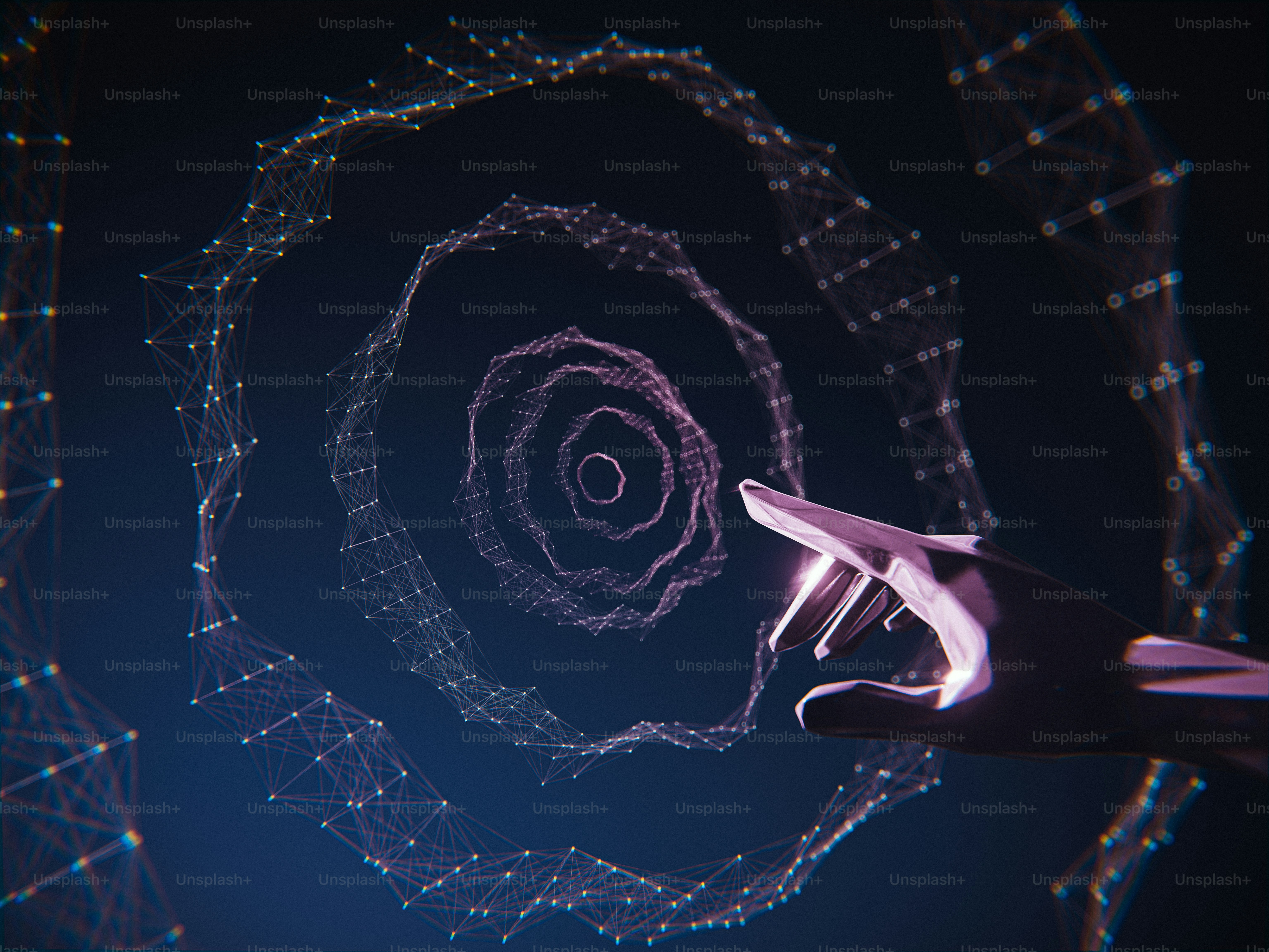 A hand interacts with a digital data spiral.