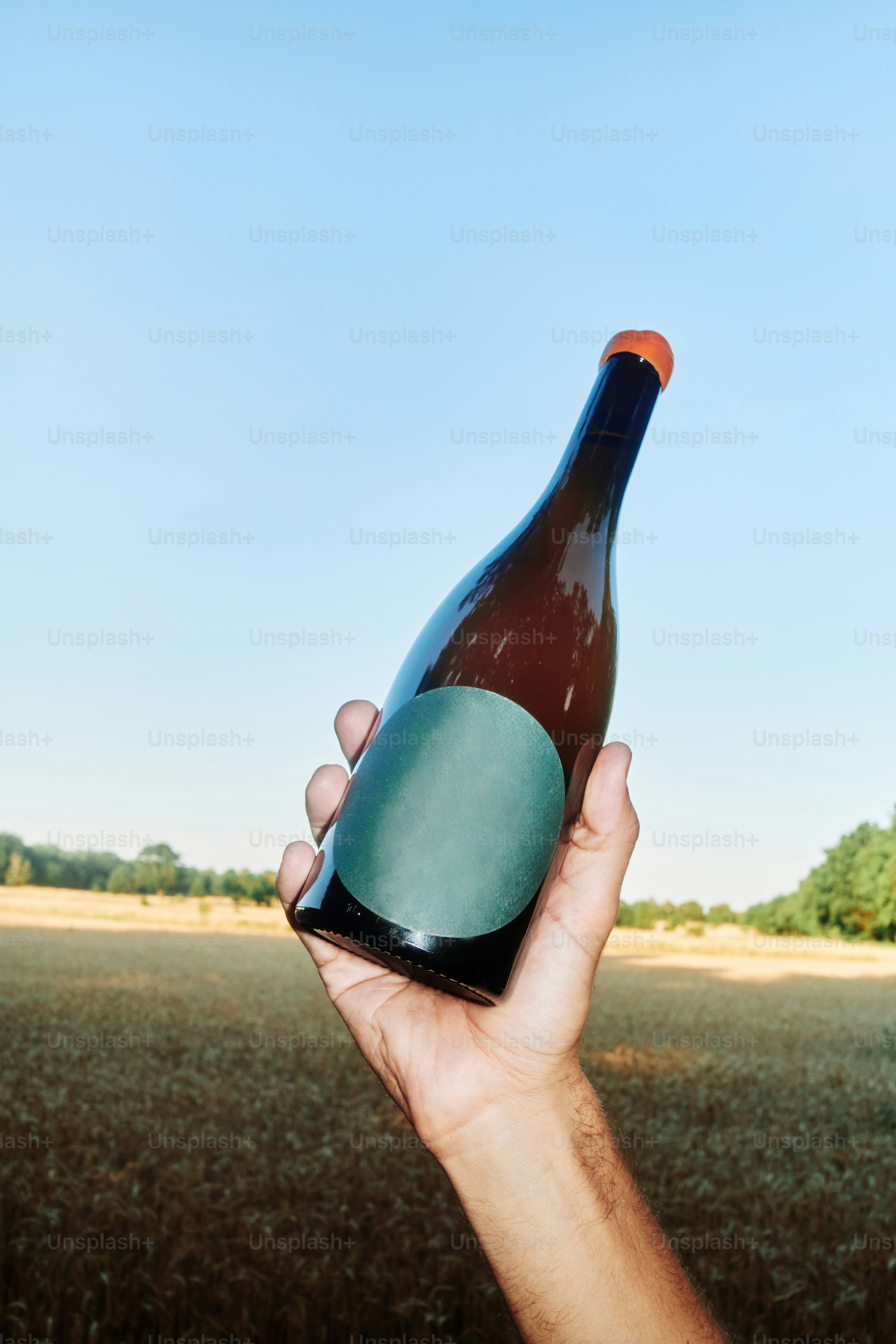 Tangan memegang sebotol bir di luar ruangan.