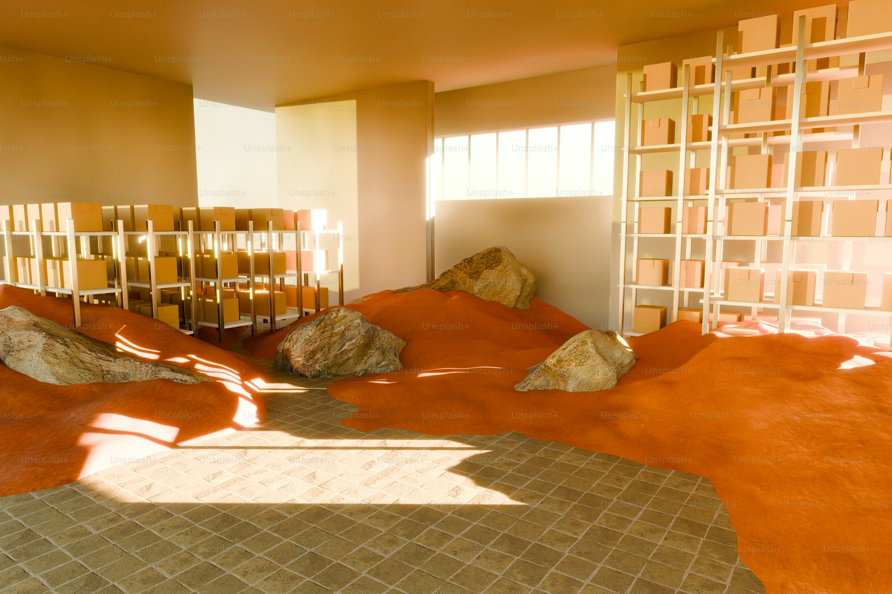 Inside a warehouse, there is an orange sludge.