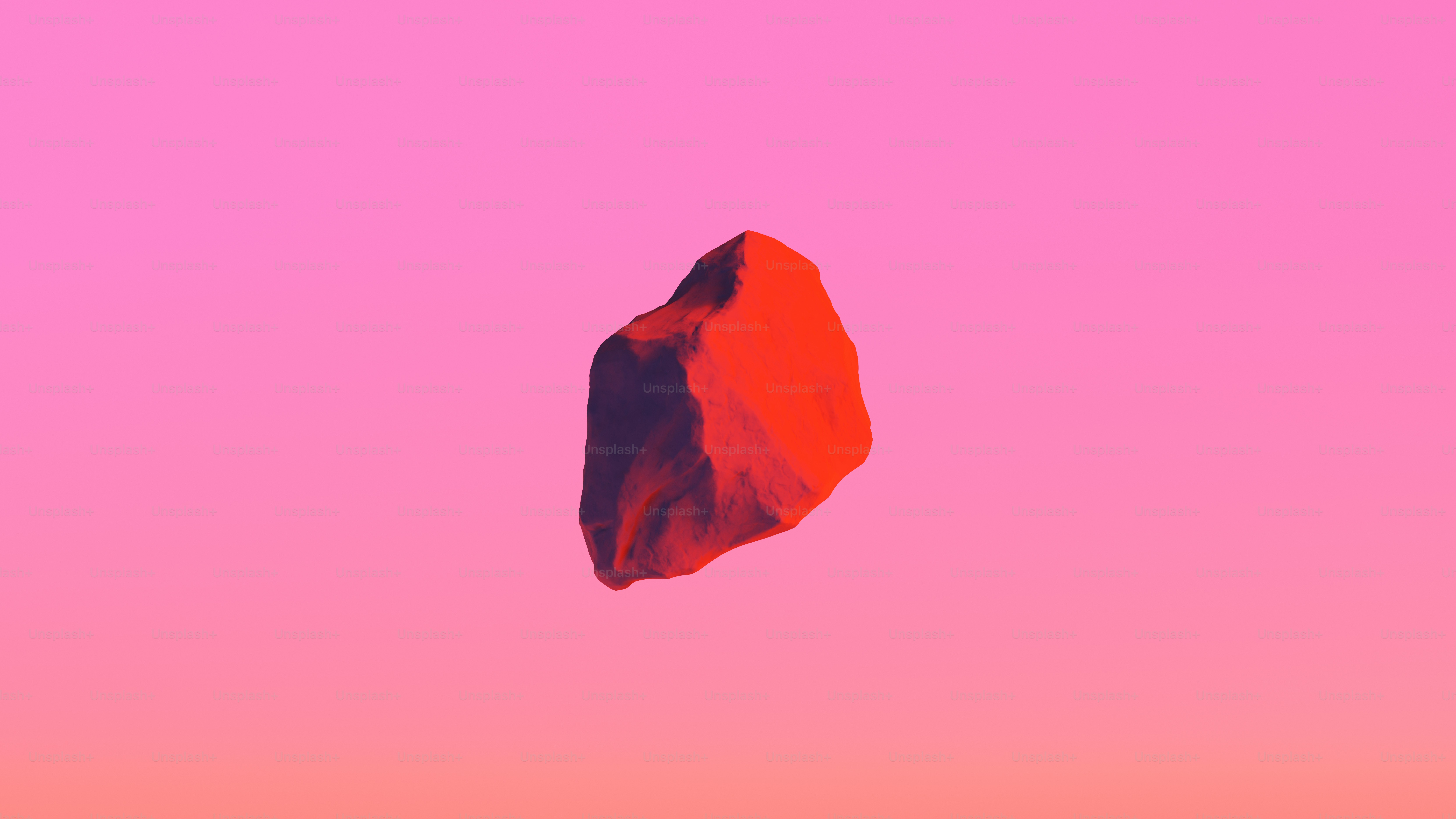 A floating red rock against a pink gradient.