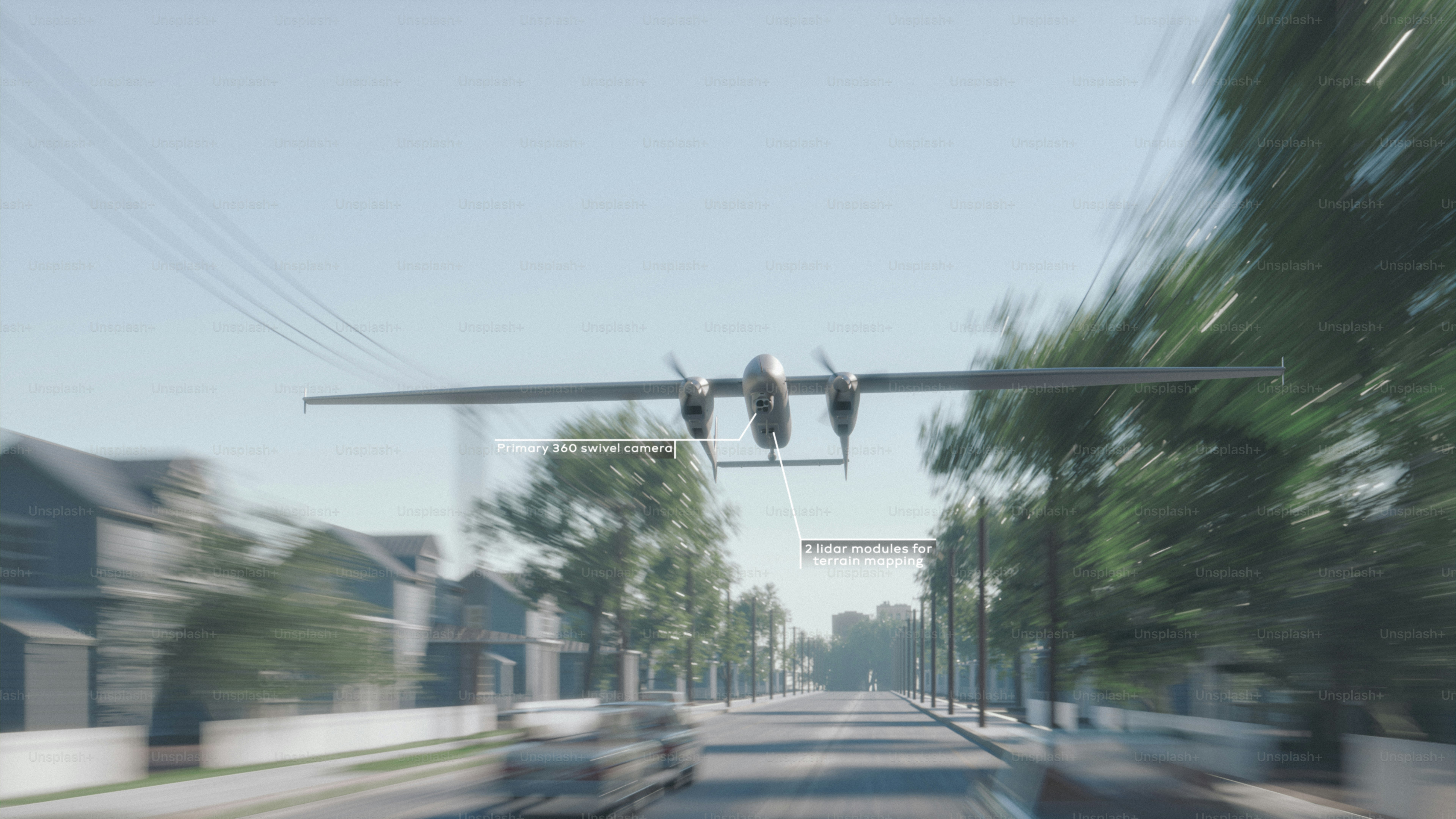 A vintage airplane flies over a town.