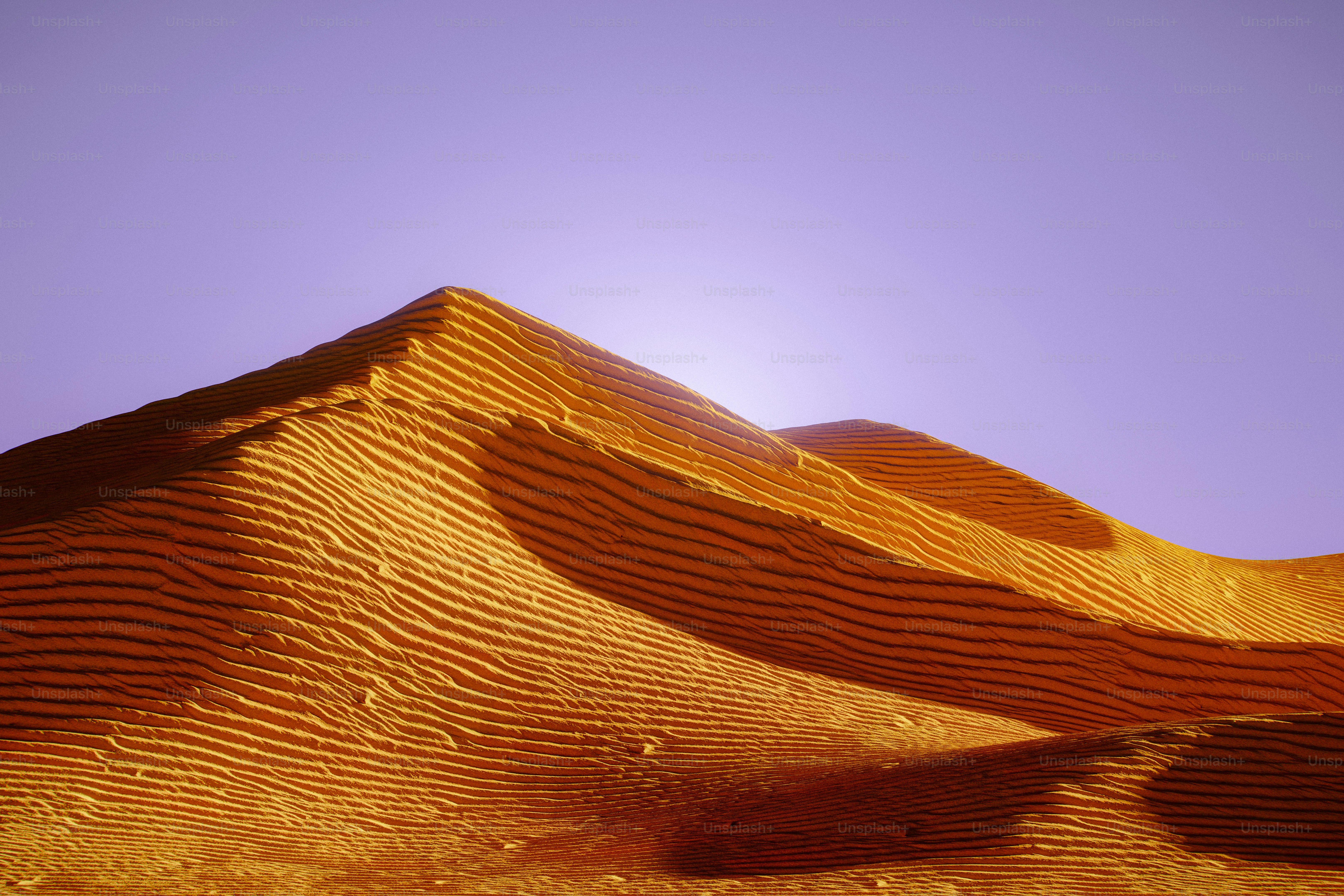 Minimalist desert landscape with flowing dunes and a colorful horizon. 3D render.