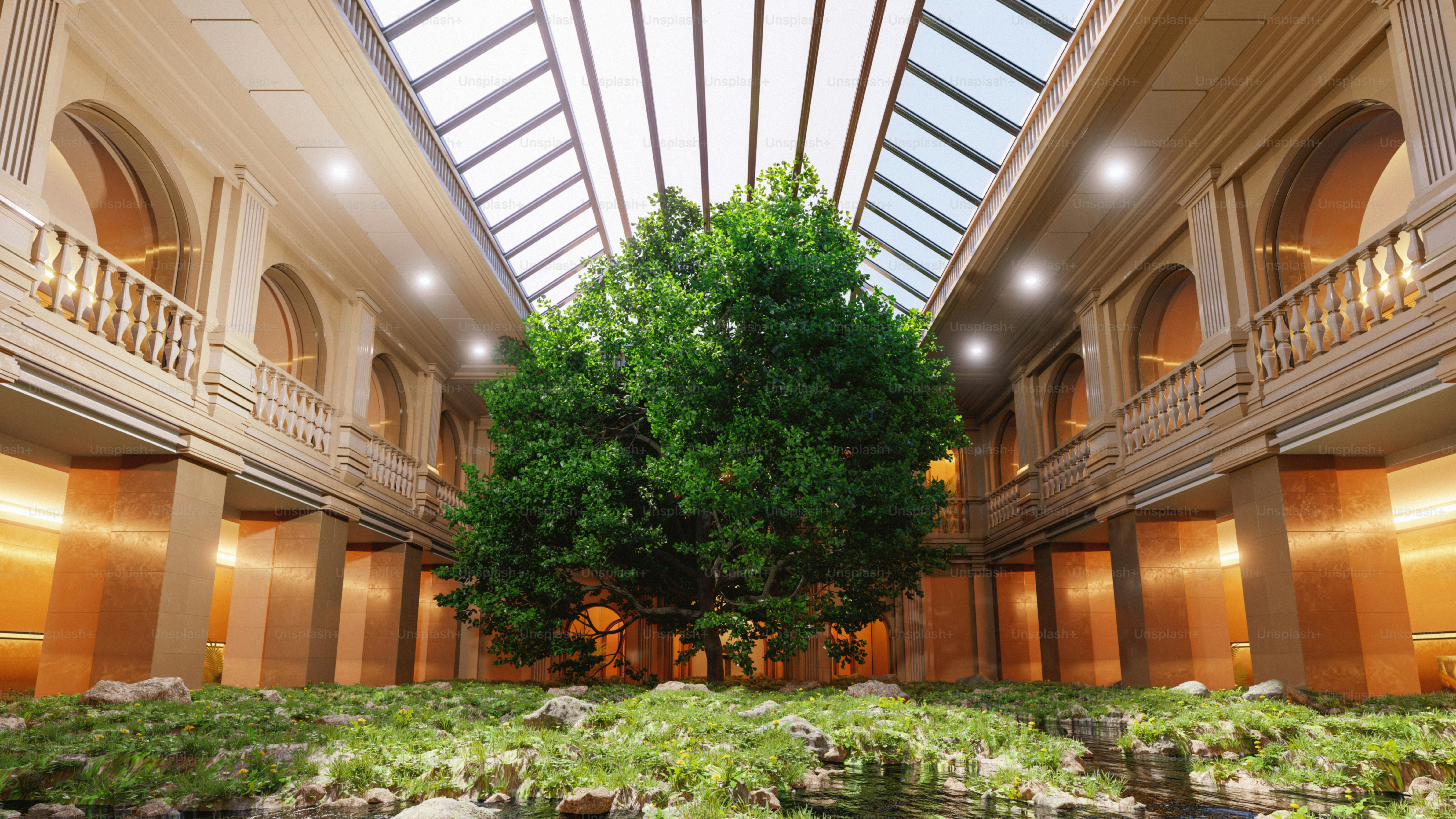 An indoor atrium features a tree and natural light. photo – Interior ...